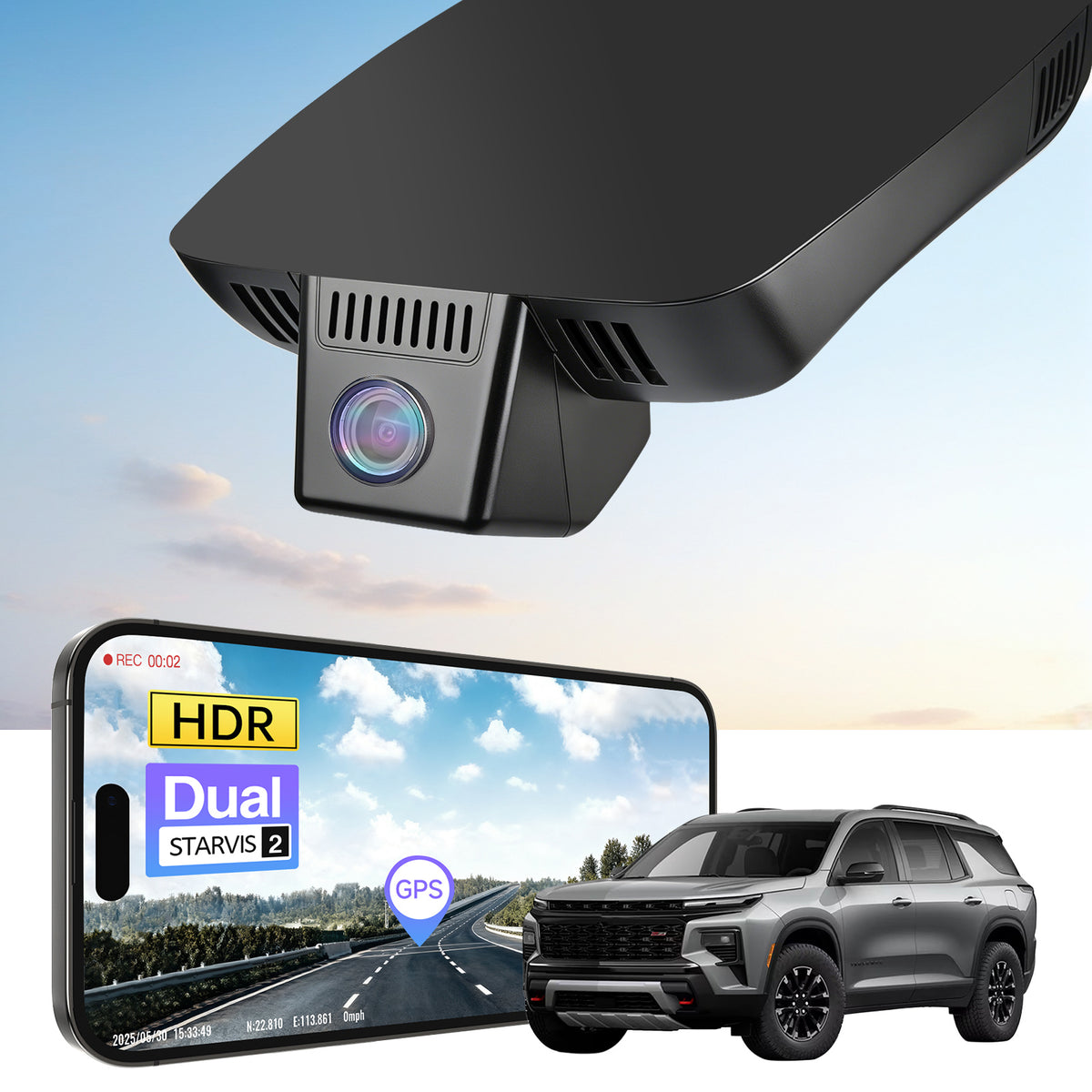 Car rearview mirror built-in dash cam with smartphone app control, 4K Ultra HD recording, GPS tracking, and Chevy Traverse SUV models in the background.