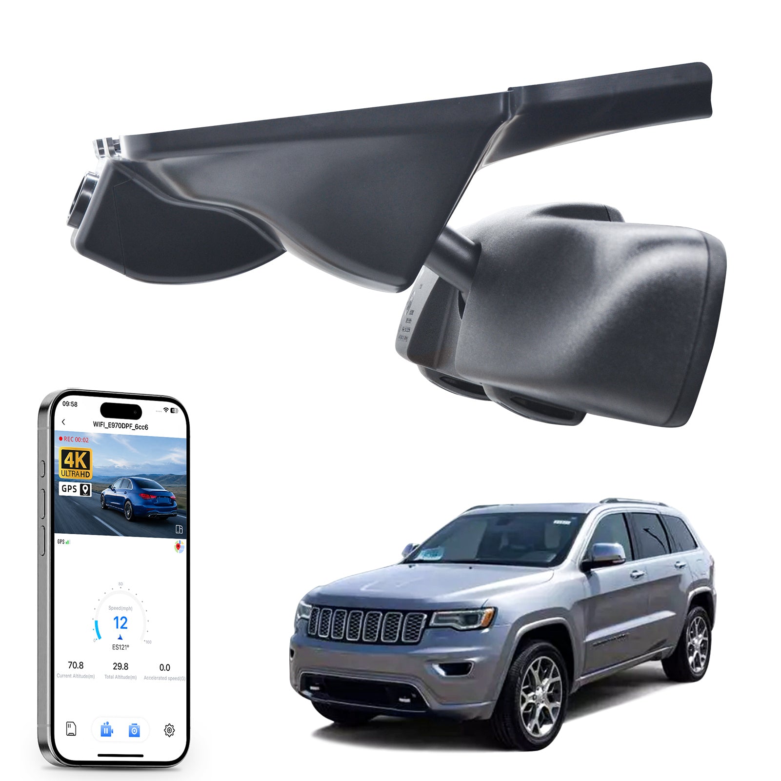 Car rearview mirror built-in dash cam with smartphone app control, 4K Ultra HD recording, GPS tracking and Jeep Cherokee models in the background.