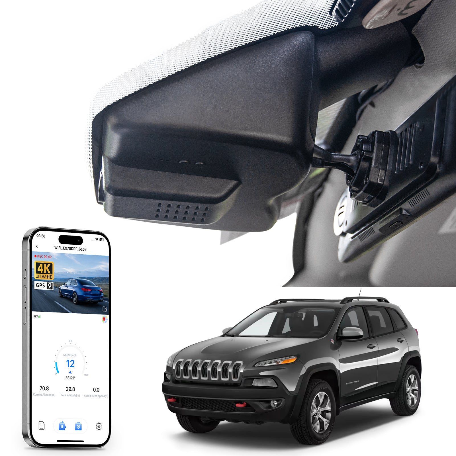 Car rearview mirror built-in dash cam with smartphone app control, 4K Ultra HD recording, GPS tracking and Jeep Cherokee models in the background.