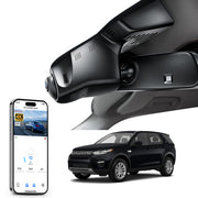 Car rearview mirror built-in dash cam with smartphone app control, 4K Ultra HD recording, GPS tracking and Land Rover Discovery Sport models in the background.
