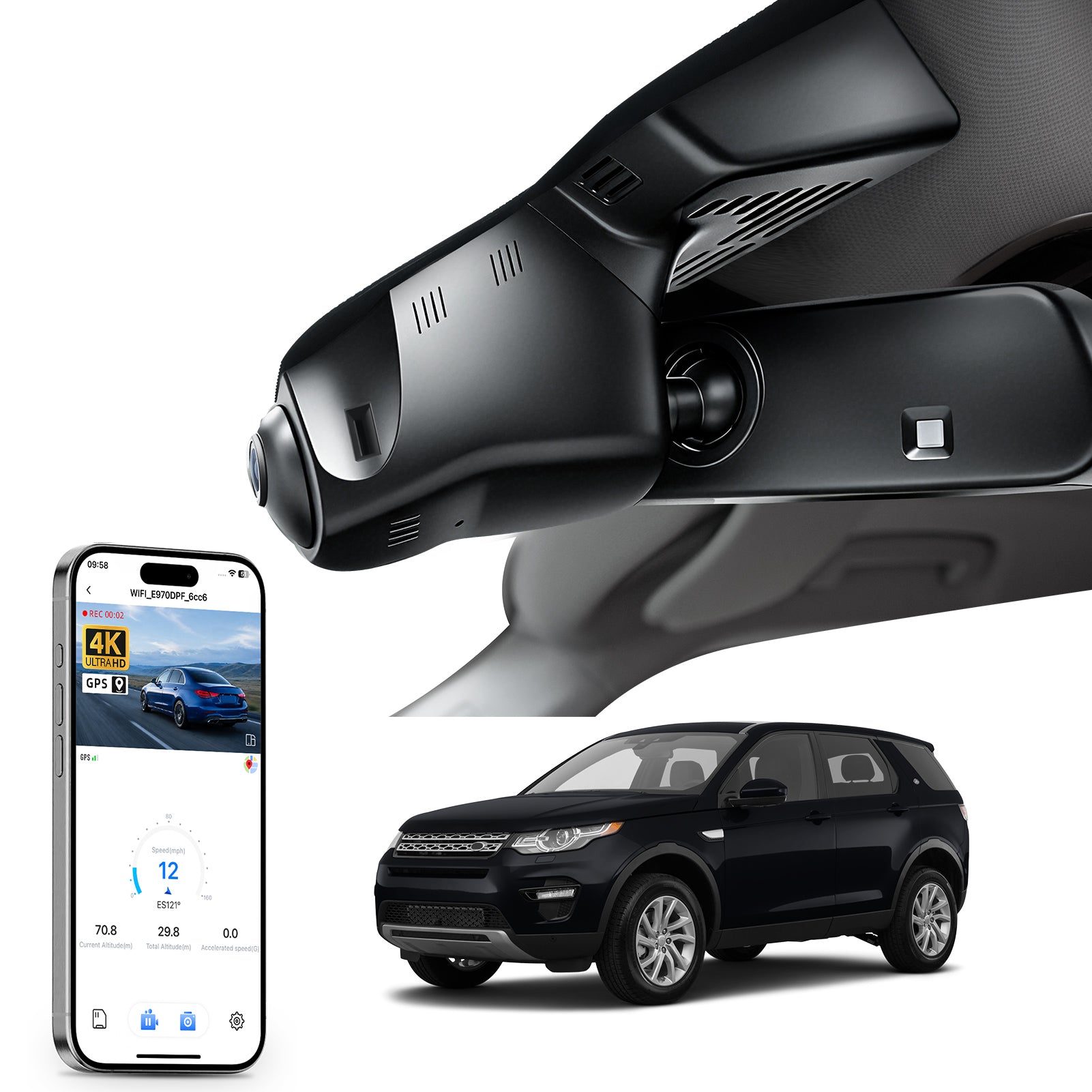 Car rearview mirror built-in dash cam with smartphone app control, 4K Ultra HD recording, GPS tracking and Land Rover Discovery Sport models in the background.