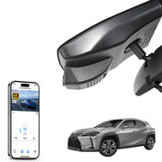 Car rearview mirror built-in dash cam with smartphone app control, 4K Ultra HD recording, GPS tracking and Lexus UX models in the background.