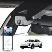 Car rearview mirror built-in dash cam with smartphone app control, 4K Ultra HD recording, GPS tracking and Toyota C-HR models in the background.