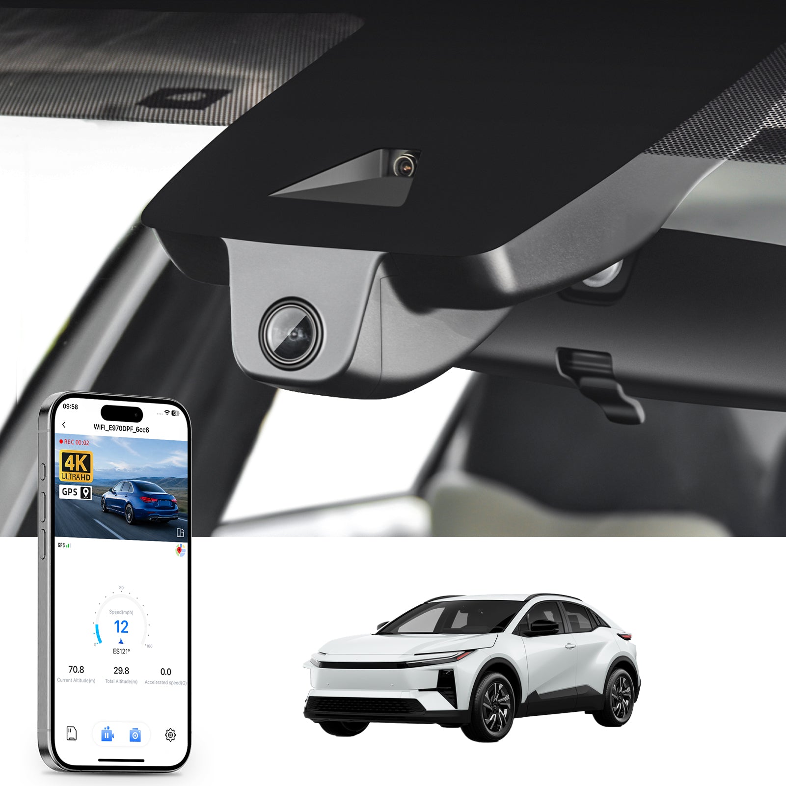 Car rearview mirror built-in dash cam with smartphone app control, 4K Ultra HD recording, GPS tracking and Toyota C-HR models in the background.