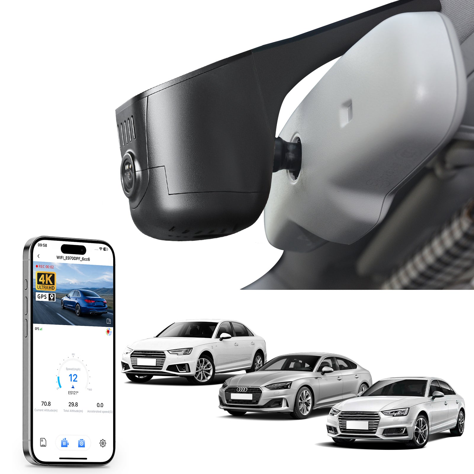 Mangoal rearview mirror built-in dash cam with smartphone app control, 4K Ultra HD recording, GPS tracking, and Audi Black models in the background.