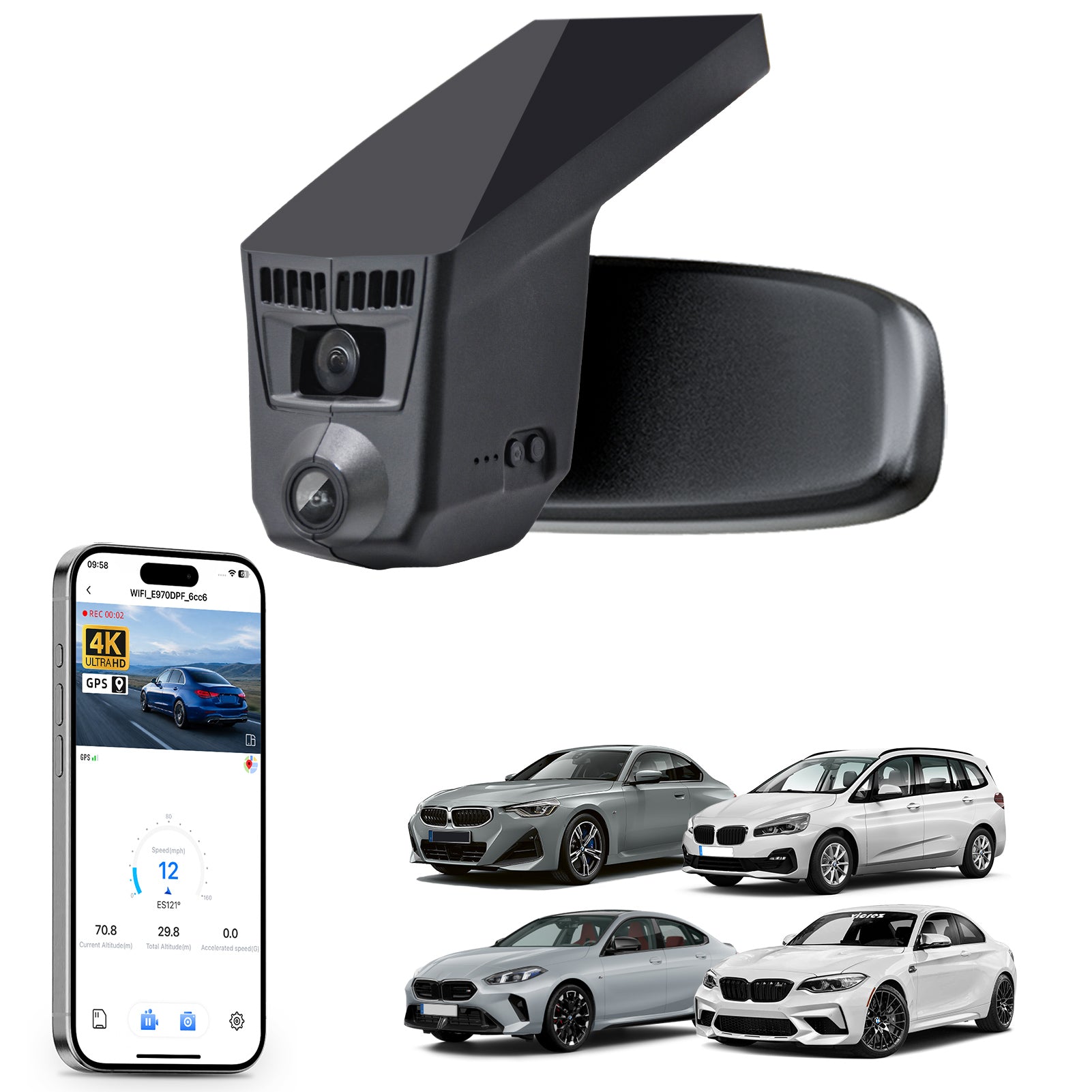 Mangoal rearview mirror built-in dash cam with smartphone app control, 4K Ultra HD recording, GPS tracking, and BMW 2 Series M2 models in the background.