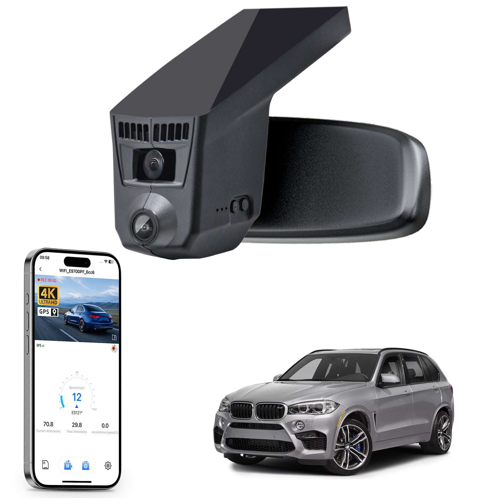 Mangoal rearview mirror built-in dash cam with smartphone app control, 4K Ultra HD recording, GPS tracking, and BMW X5 Gen3 models in the background.
