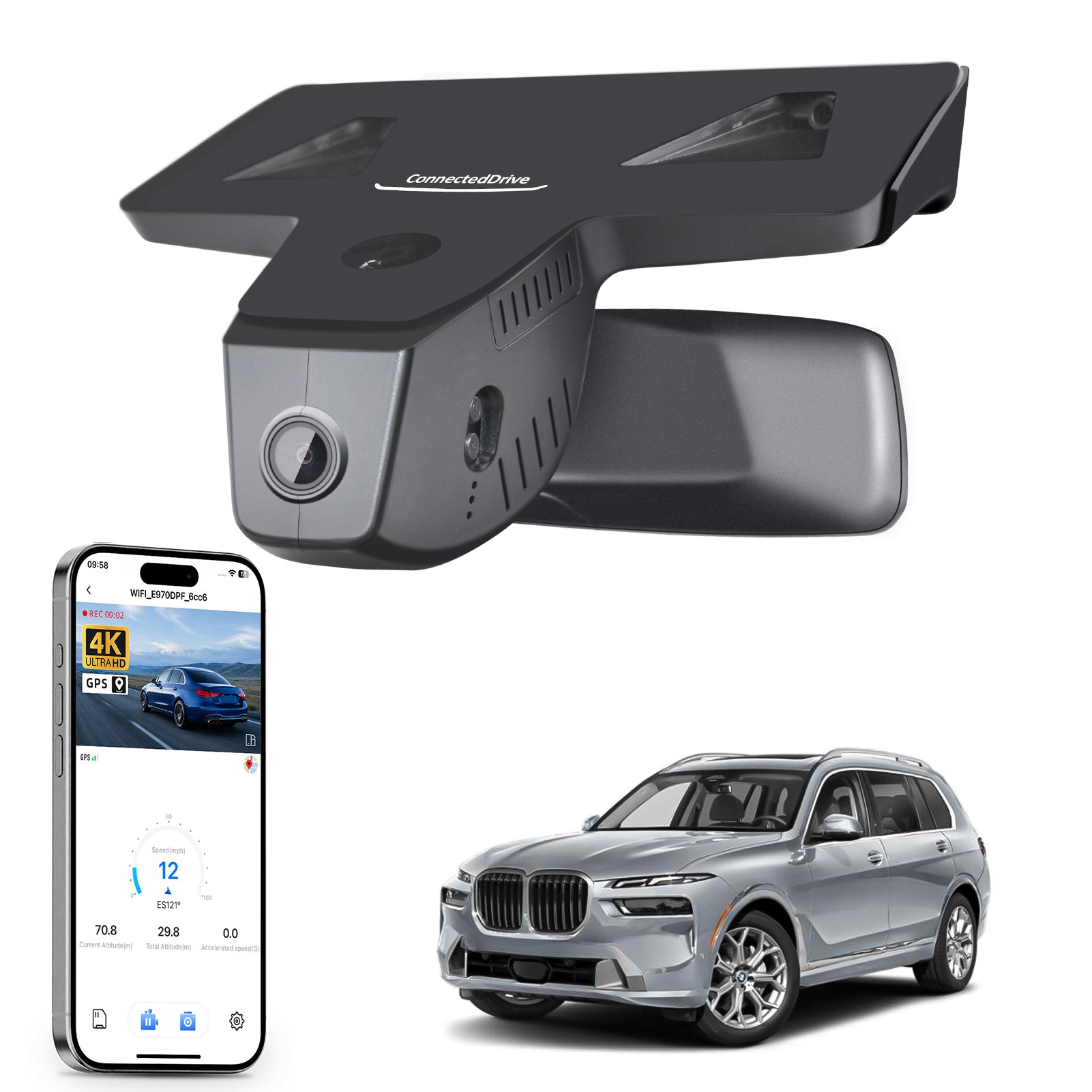 Mangoal rearview mirror built-in dash cam with smartphone app control, 4K Ultra HD recording, GPS tracking, and BMW X7 Gen1 models in the background.