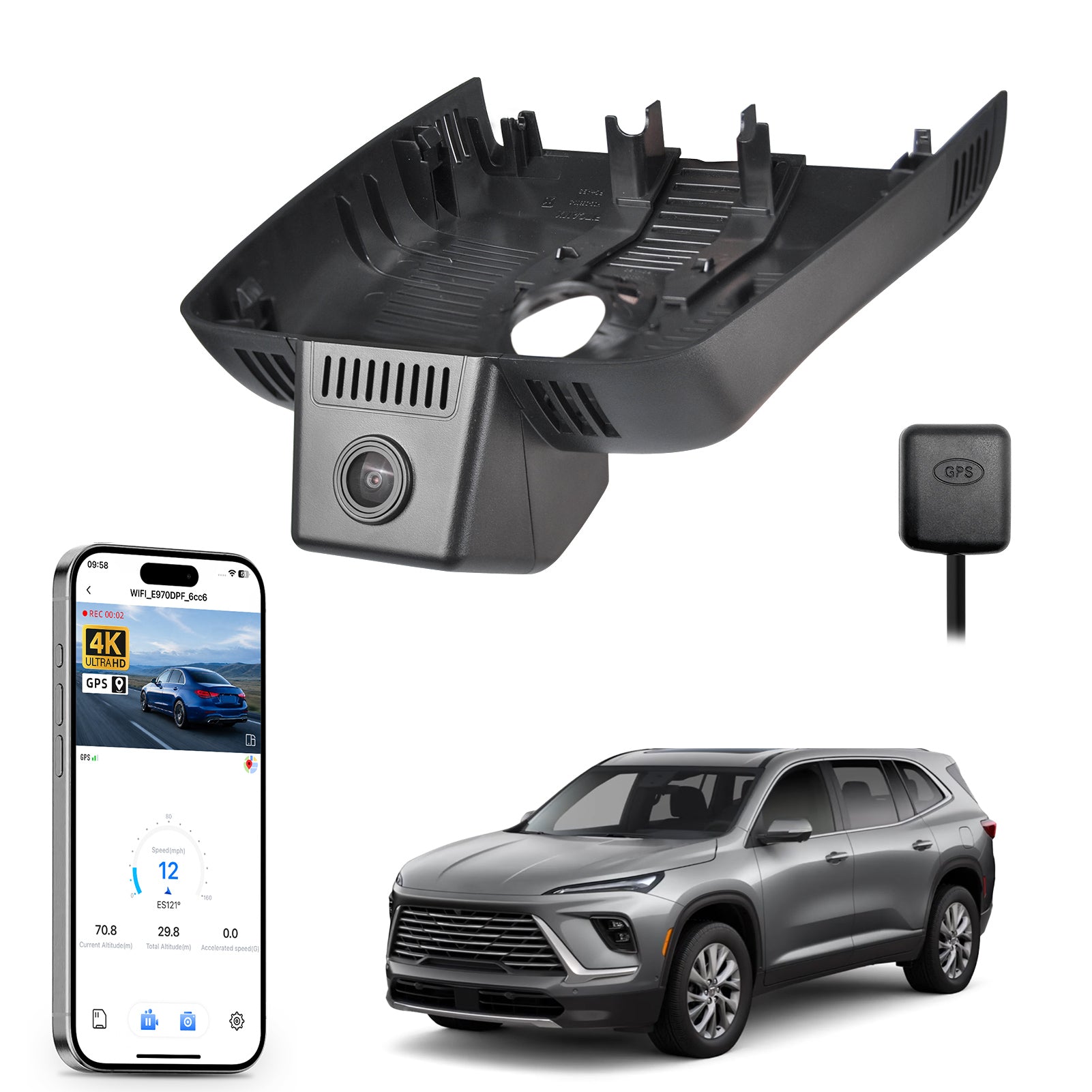 Mangoal rearview mirror built-in dash cam with smartphone app control, 4K Ultra HD recording, GPS tracking, and Buick Enclave models in the background.