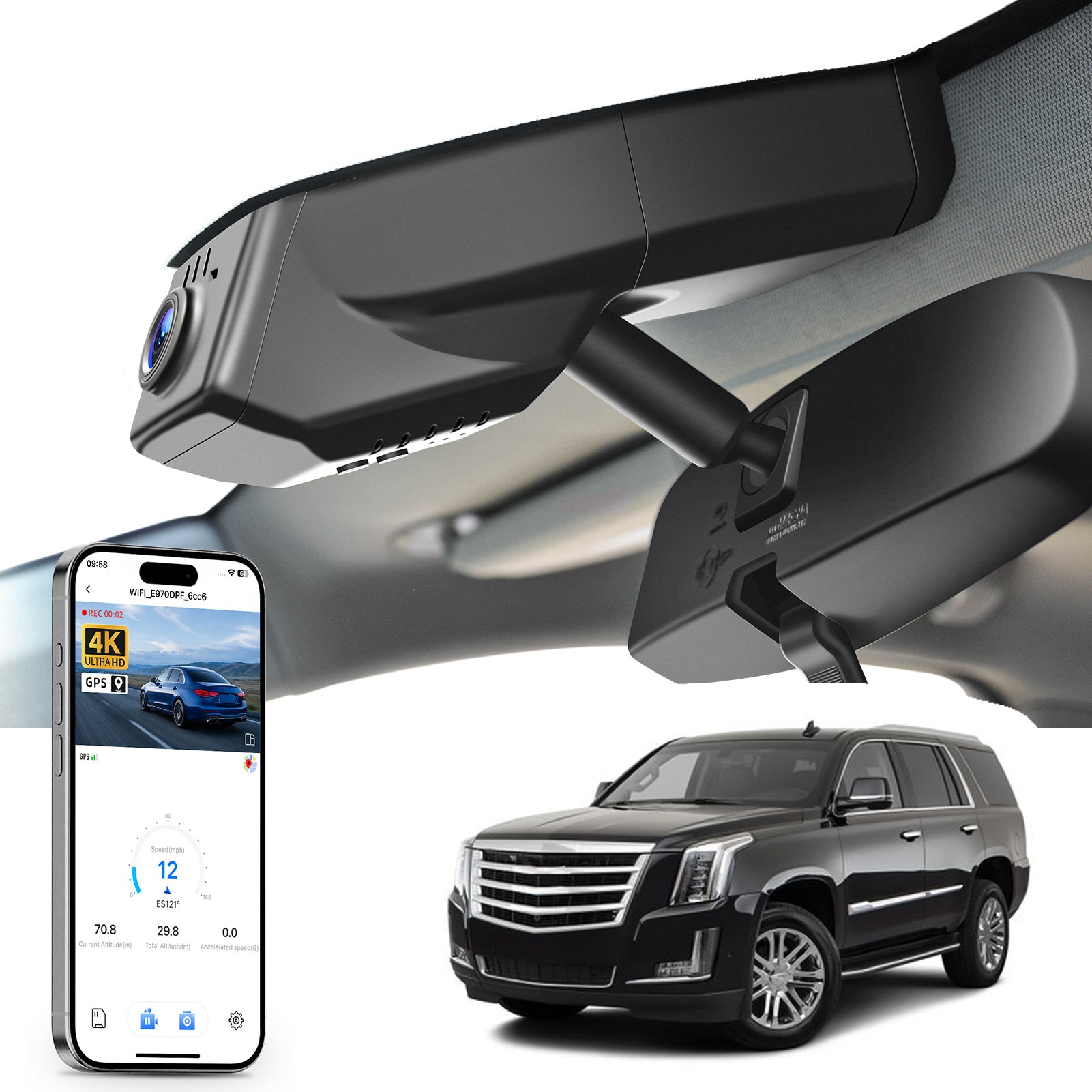
Mangoal rearview mirror built-in dash cam with smartphone app control, 4K Ultra HD recording, GPS tracking, and Cadillac Escalade SUV models in the background.