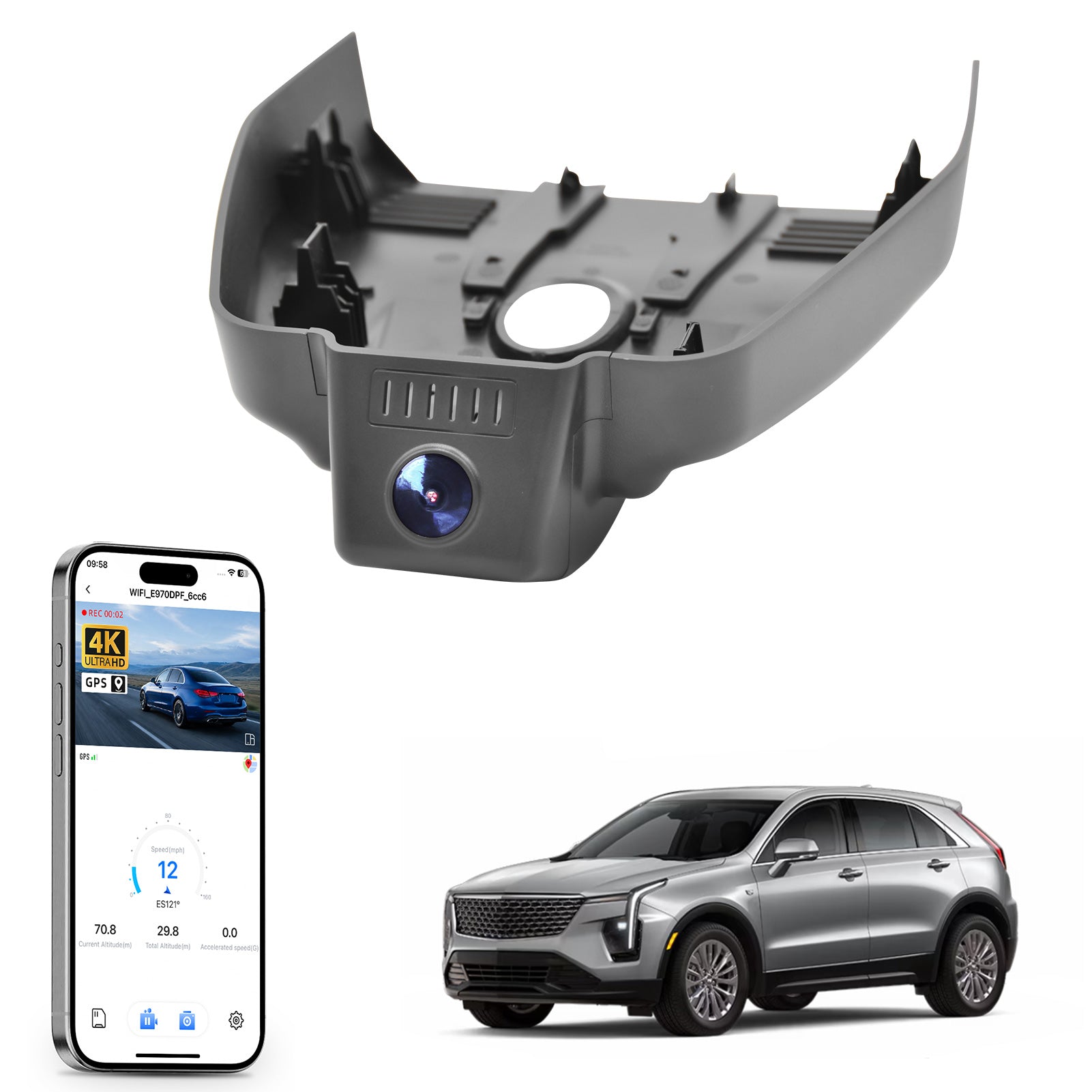 Mangoal rearview mirror built-in dash cam with smartphone app control, 4K Ultra HD recording, GPS tracking, and Cadillac XT4 models in the background.