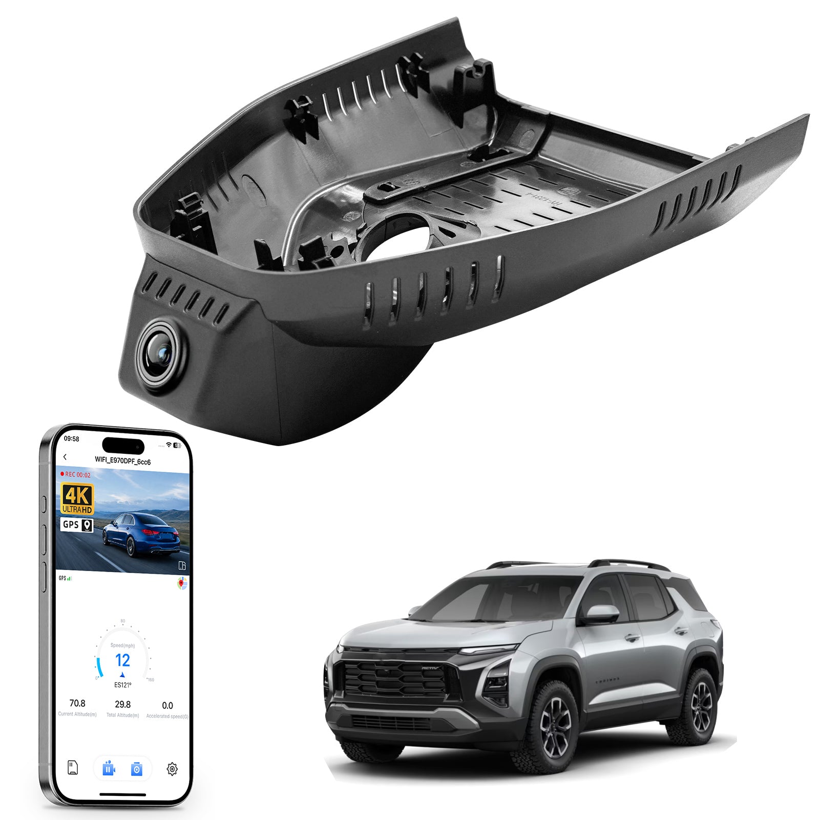Mangoal rearview mirror built-in dash cam with smartphone app control, 4K Ultra HD recording, GPS tracking, and Chevy Equinox models in the background.