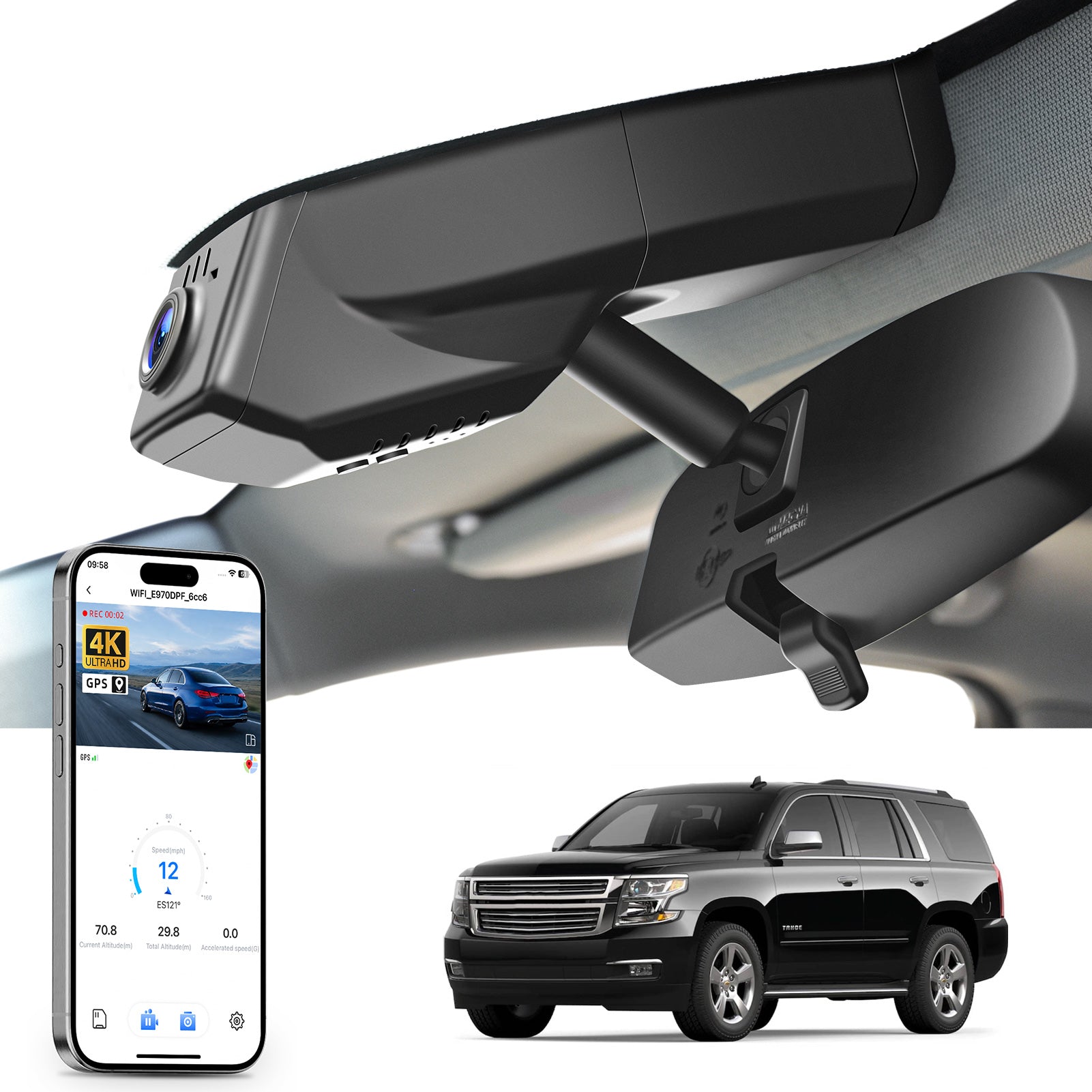 Mangoal rearview mirror built-in dash cam with smartphone app control, 4K Ultra HD recording, GPS tracking, and Chevy Suburban Tahoe models in the background.