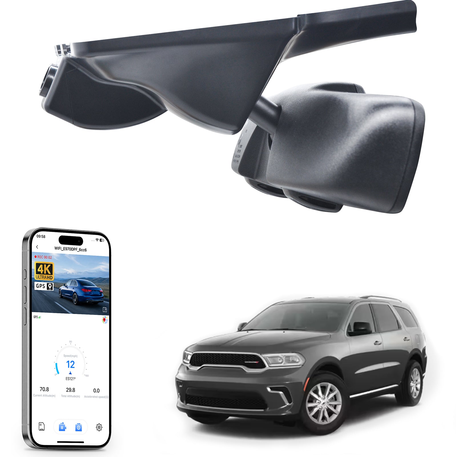 Mangoal rearview mirror built-in dash cam with smartphone app control, 4K Ultra HD recording, GPS tracking, and Dodge Durango models in the background.
