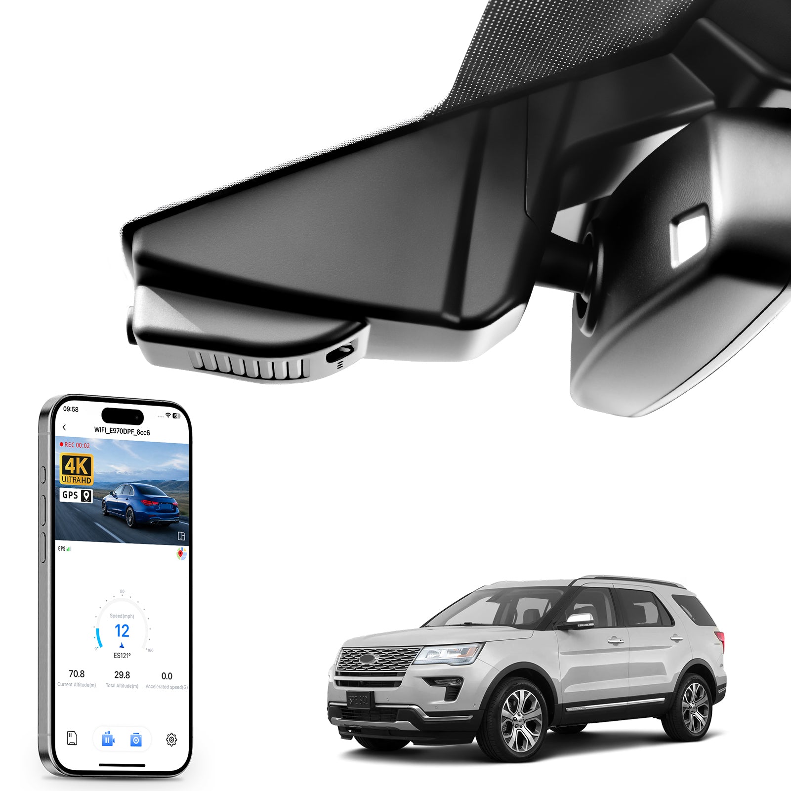 Mangoal rearview mirror built-in dash cam with smartphone app control, 4K Ultra HD recording, GPS tracking, and Ford Explorer models in the background.