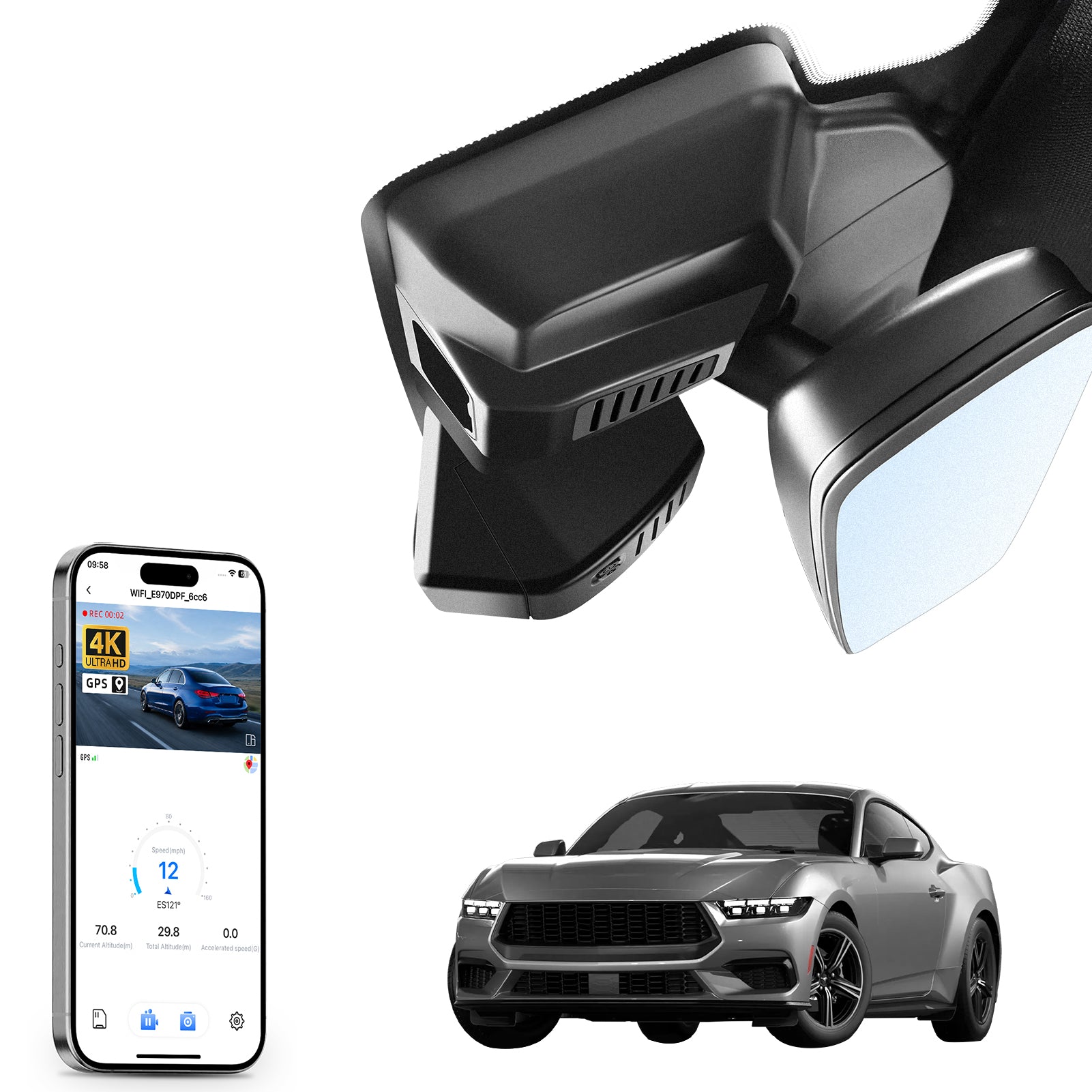 
Mangoal rearview mirror built-in dash cam with smartphone app control, 4K Ultra HD recording, GPS tracking, and Ford Mustang models in the background.