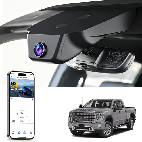 
MANGOAL rearview mirror built-in dash cam with smartphone app control, 4K Ultra HD recording, GPS tracking, and GMC Sierra models in the background.