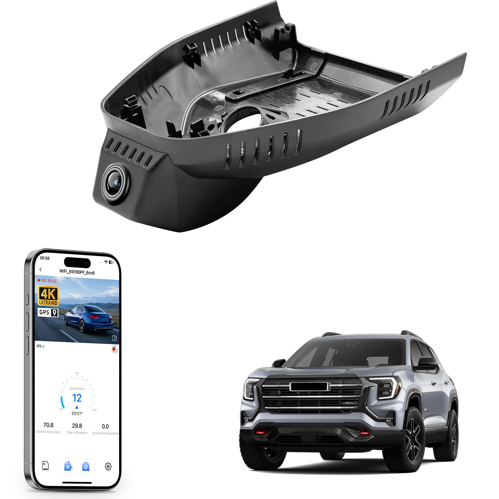Mangoal rearview mirror built-in dash cam with smartphone app control, 4K Ultra HD recording, GPS tracking, and GMC Terrain models in the background.