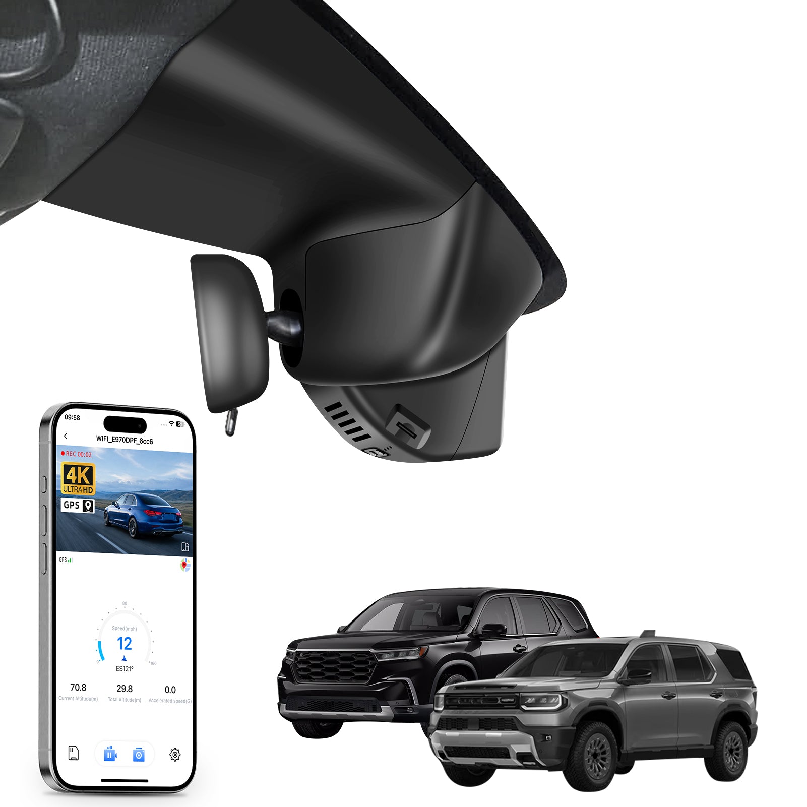 Mangoal rearview mirror built-in dash cam with smartphone app control, 4K Ultra HD recording, GPS tracking, and Honda models in the background.