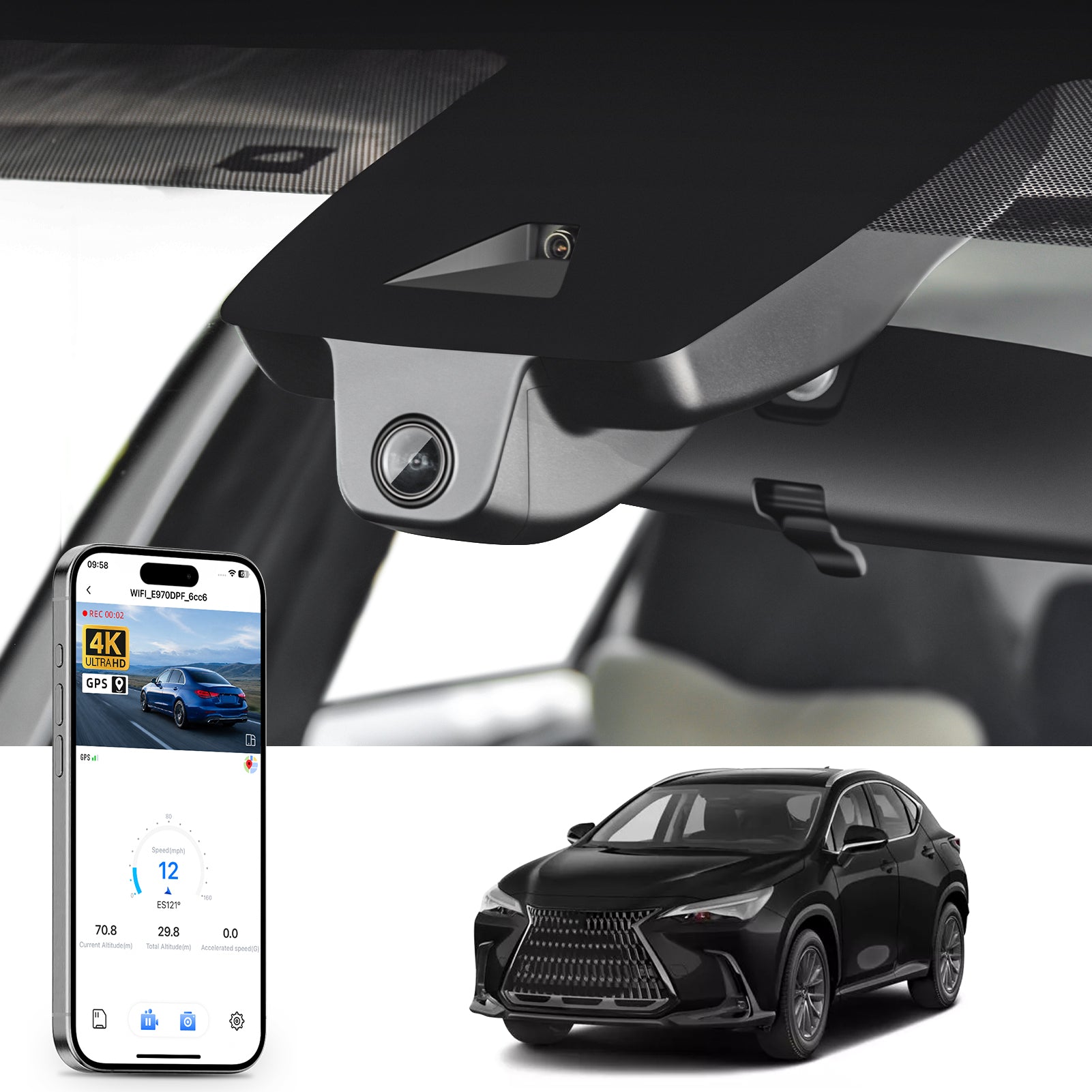 Mangoal rearview mirror built-in dash cam with smartphone app control, 4K Ultra HD recording, GPS tracking, and Lexus NX models in the background.