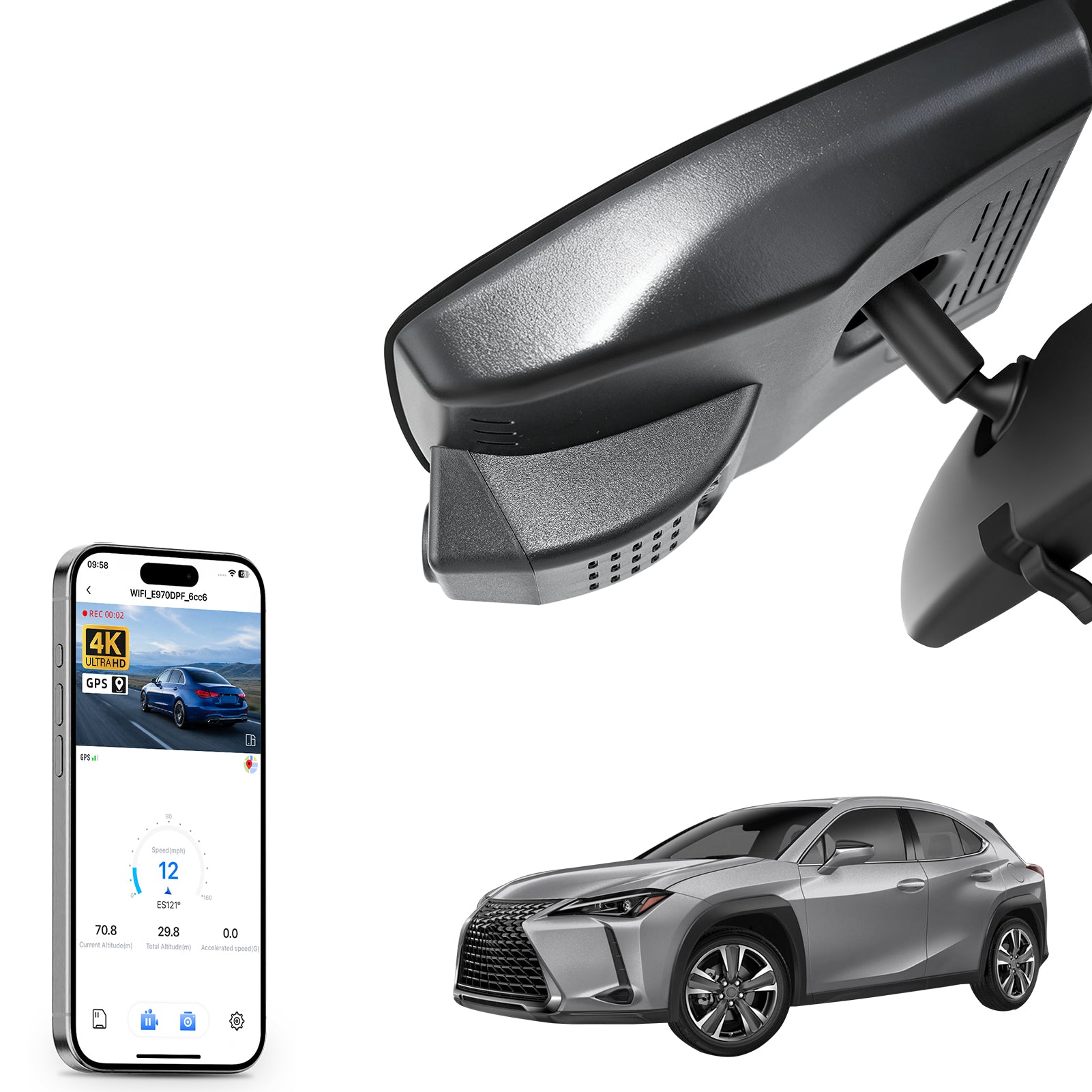 Mangoal rearview mirror built-in dash cam with smartphone app control, 4K Ultra HD recording, GPS tracking, and Lexus UX models in the background.