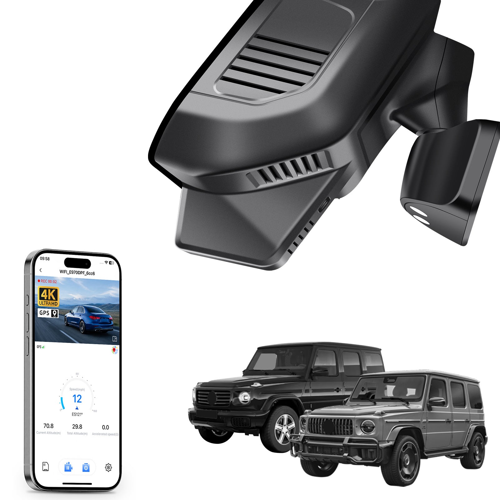 Mangoal rearview mirror built-in dash cam with smartphone app control, 4K Ultra HD recording, GPS tracking, and Mercedes-Benz G-Class models in the background.