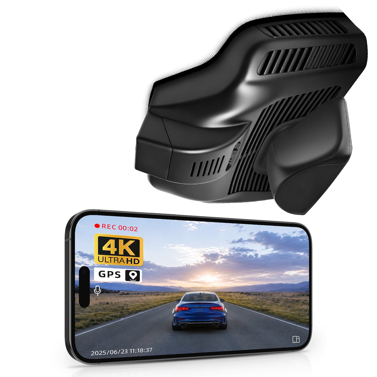 Mangoal rearview mirror built-in dash cam with smartphone app control, 4K Ultra HD recording, GPS tracking, and Mercedes-Benz GLB models in the background.