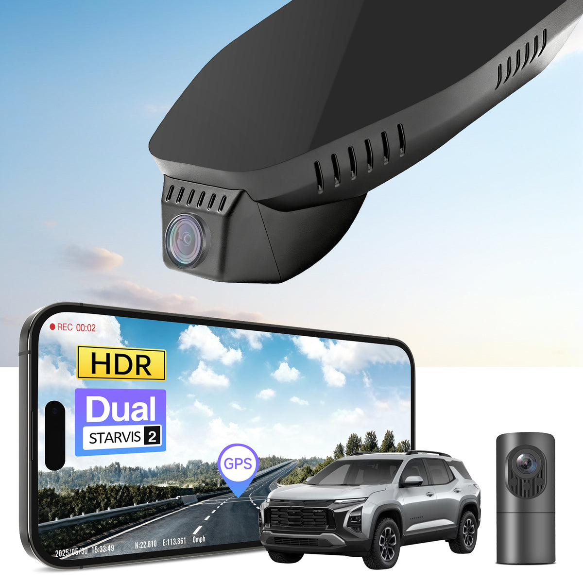 2 channel dash cam with dual STARVIS 2, features smartphone app control, 4K Ultra HD recording, GPS tracking, and Chevy Equinox SUV models in the background.  