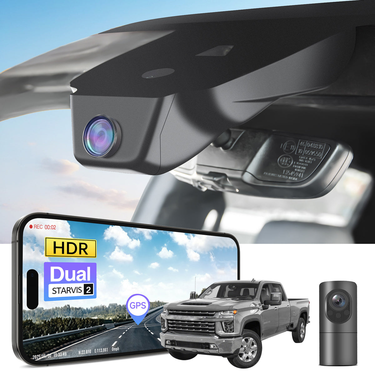 2 channel dash cam with dual STARVIS 2, features smartphone app control, 4K Ultra HD recording, GPS tracking, and Chevy Silverado Pickup models in the background.  