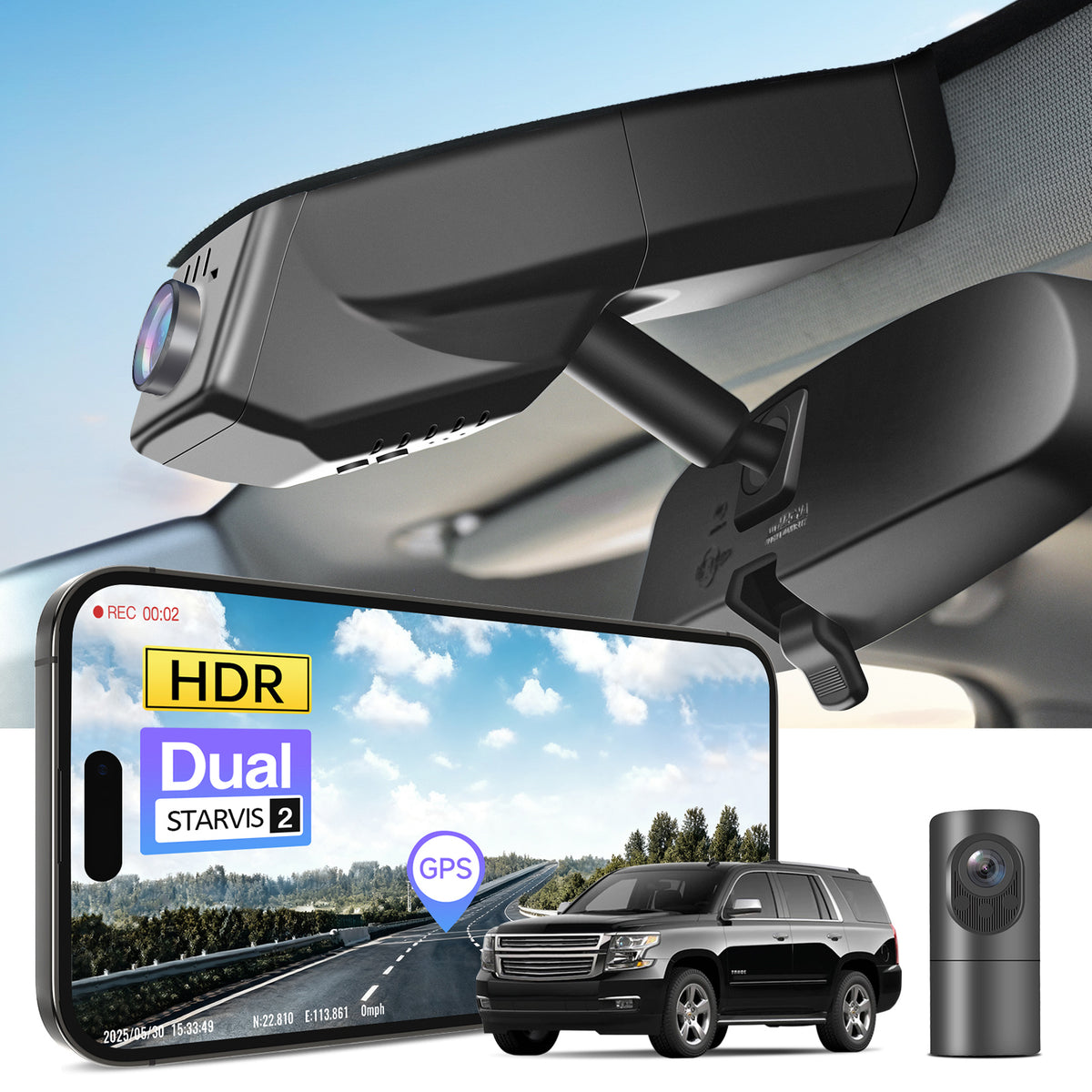 2 channel dash cam with dual STARVIS 2, features smartphone app control, 4K Ultra HD recording, GPS tracking, and Chevy Suburban Tahoe SUV models in the background.  