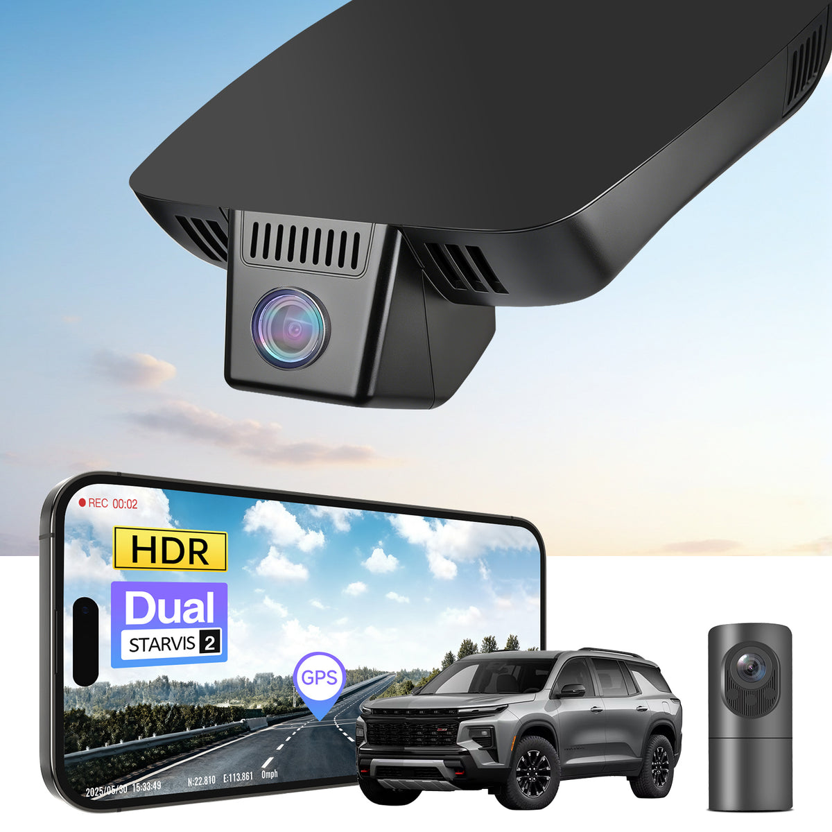 2 channel dash cam with dual STARVIS 2, features smartphone app control, 4K Ultra HD recording, GPS tracking, and Chevy Traverse SUV models in the background.  