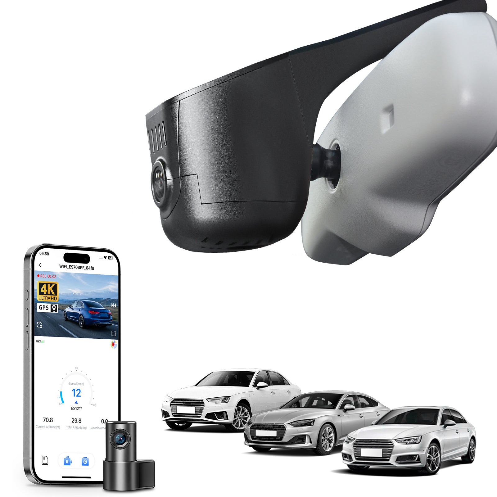 Mangoal 2 channel dash cam with STARVIS sensor, features smartphone app control, front 4K UHD and rear Full HD recording, GPS tracking, and Audi Black models in the background.