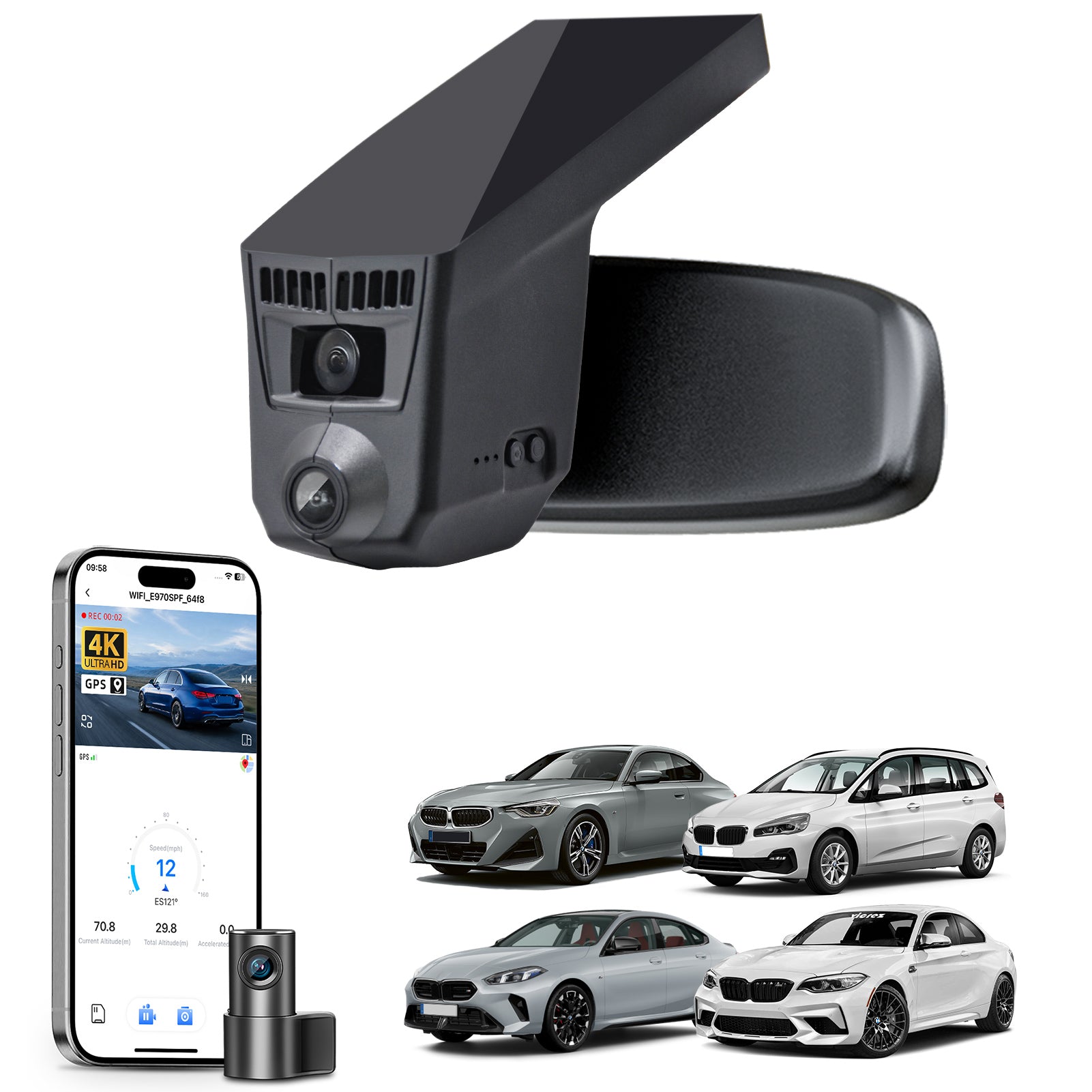 Mangoal 2 channel dash cam with STARVIS sensor, features smartphone app control, front 4K UHD and rear Full HD recording, GPS tracking, and BMW 2 Series M2 models in the background.