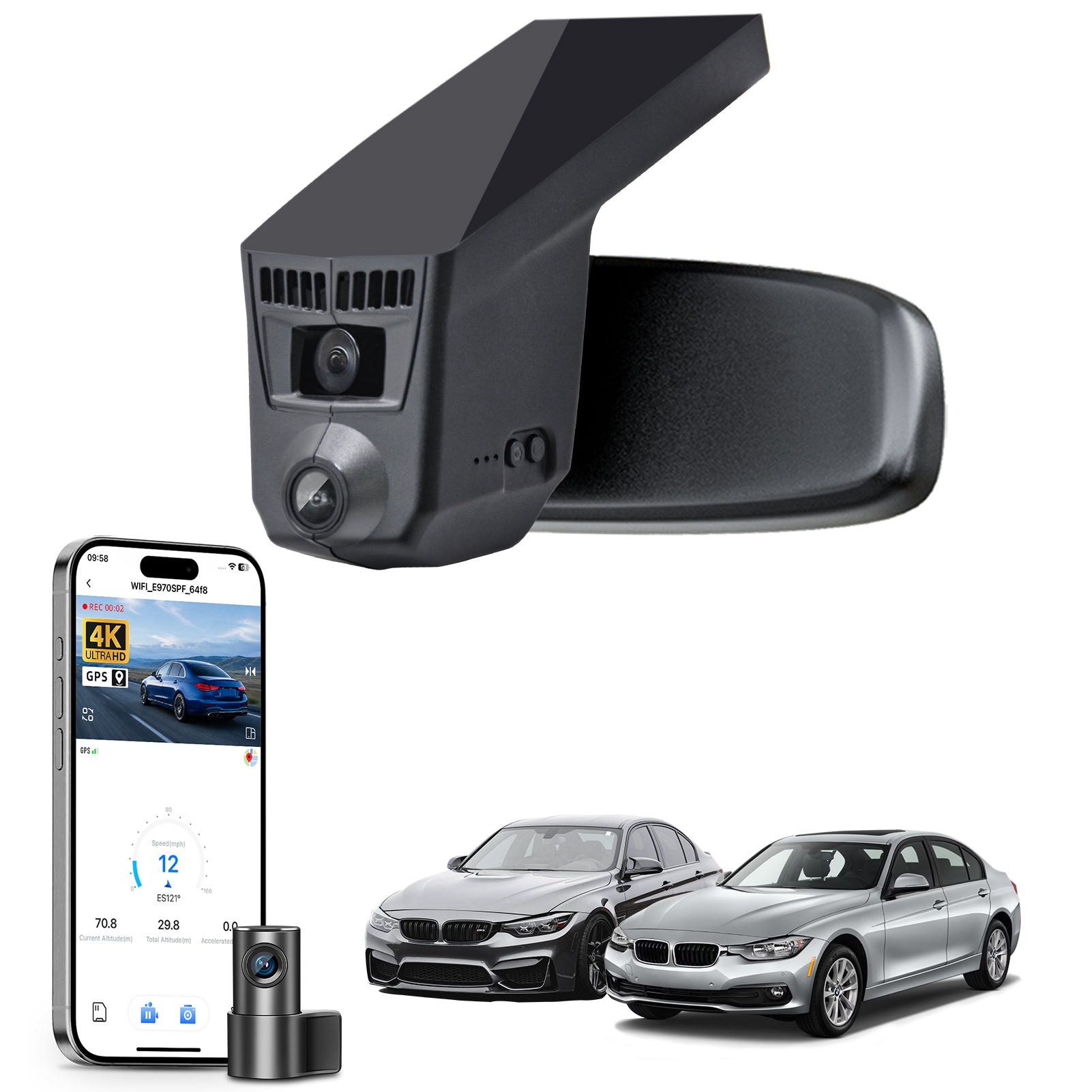 Mangoal 2 channel dash cam with STARVIS sensor, features smartphone app control, front 4K UHD and rear Full HD recording, GPS tracking, and BMW 3 Series Gen6 models in the background.
