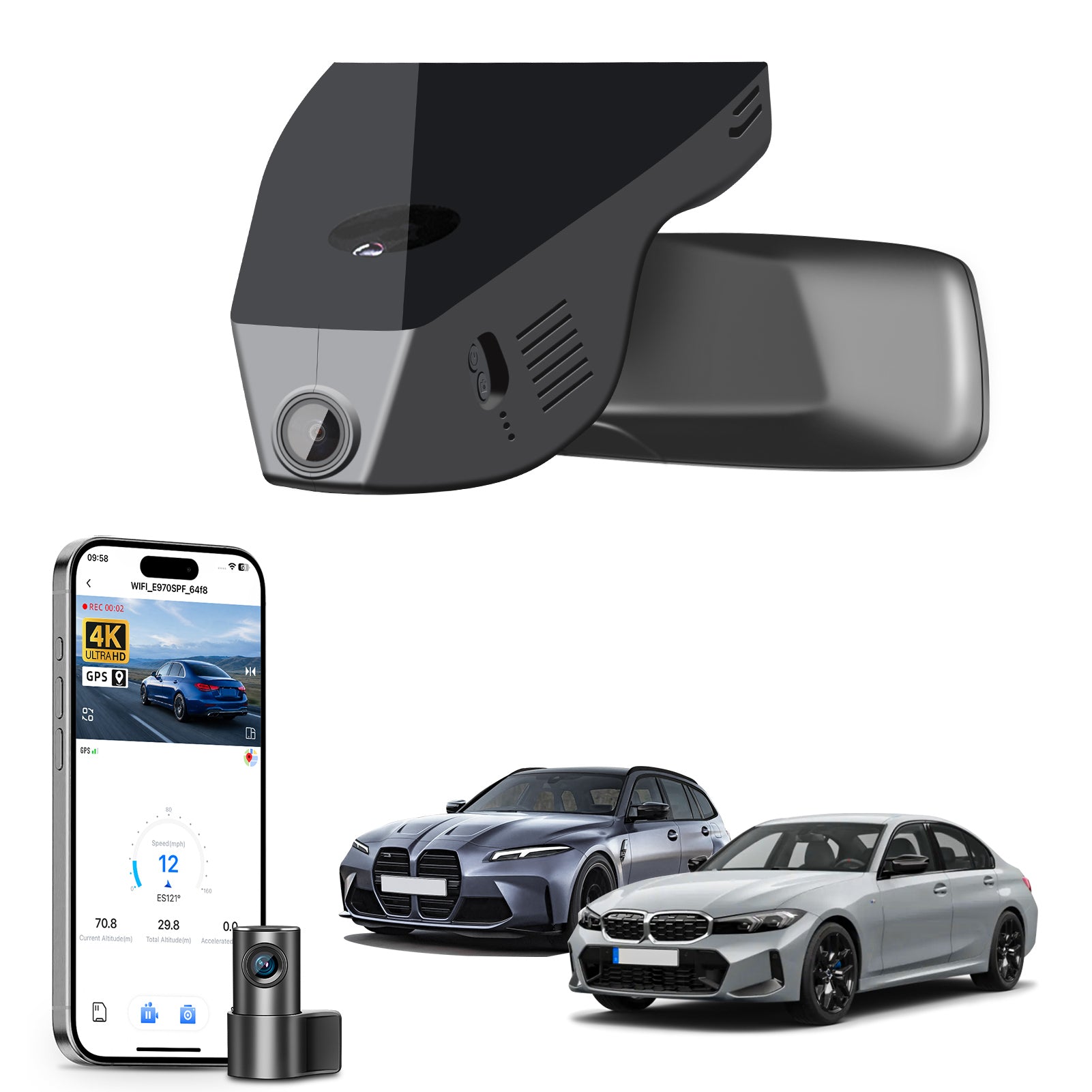 Mangoal 2 channel dash cam with STARVIS sensor, features smartphone app control, front 4K UHD and rear Full HD recording, GPS tracking, and BMW 3 Series Gen7 models in the background.