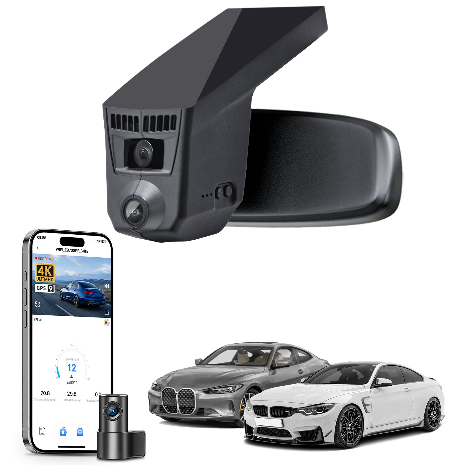 Mangoal 2 channel dash cam with STARVIS sensor, features smartphone app control, front 4K UHD and rear Full HD recording, GPS tracking, and BMW 4 Series Gen1 models in the background.