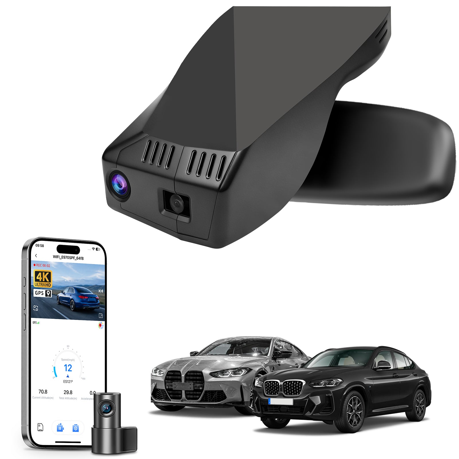 Mangoal 2 channel dash cam with STARVIS sensor, features smartphone app control, front 4K UHD and rear Full HD recording, GPS tracking, and BMW 4 Series Gen2 models in the background.