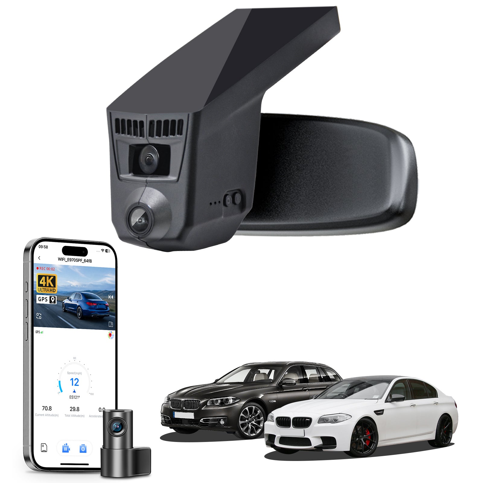 Mangoal 2 channel dash cam with STARVIS sensor, features smartphone app control, front 4K UHD and rear Full HD recording, GPS tracking, and BMW 5 Series Gen6 models in the background.