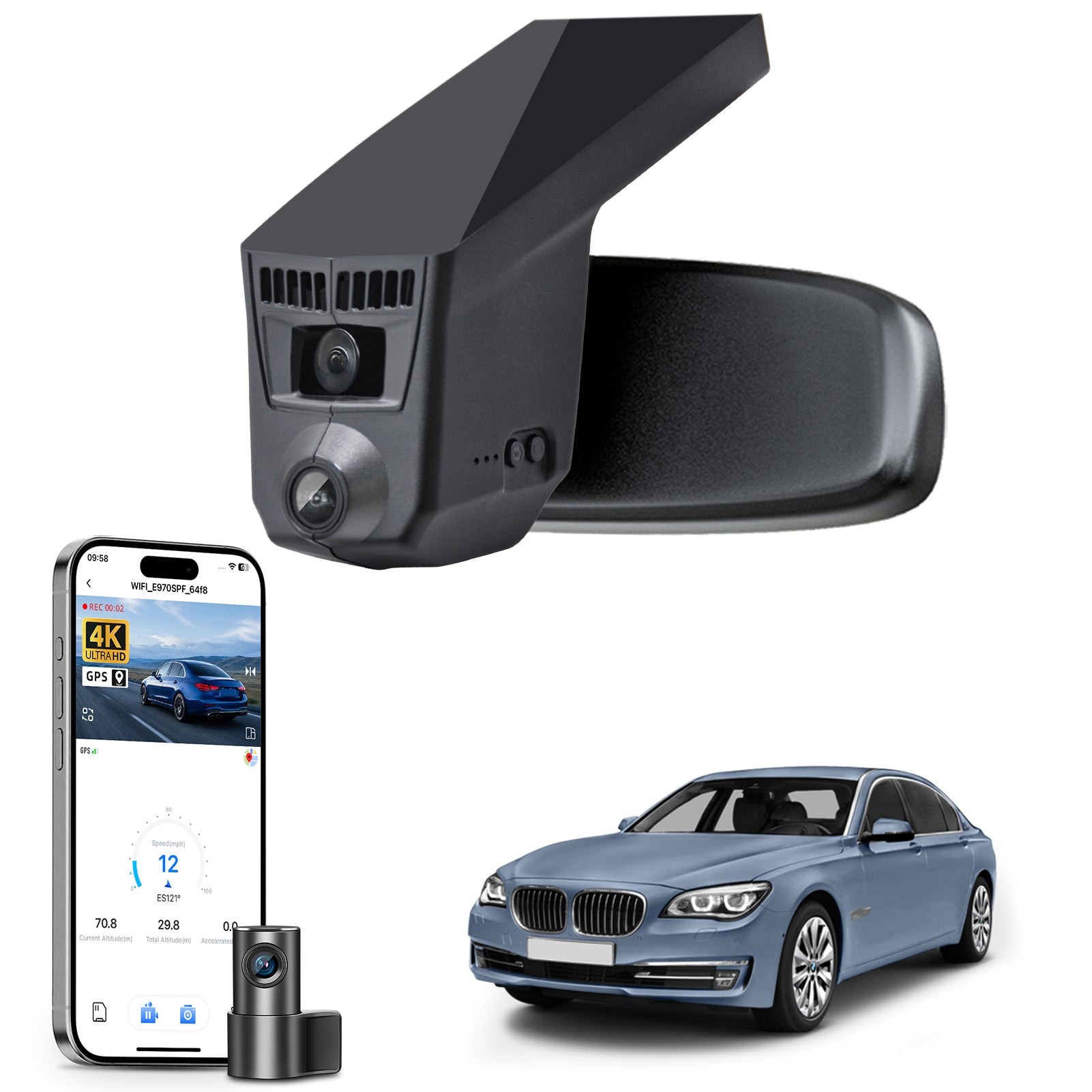 Mangoal 2 channel dash cam with STARVIS sensor, features smartphone app control, front 4K UHD and rear Full HD recording, GPS tracking, and BMW 7 Series Gen5 models in the background.