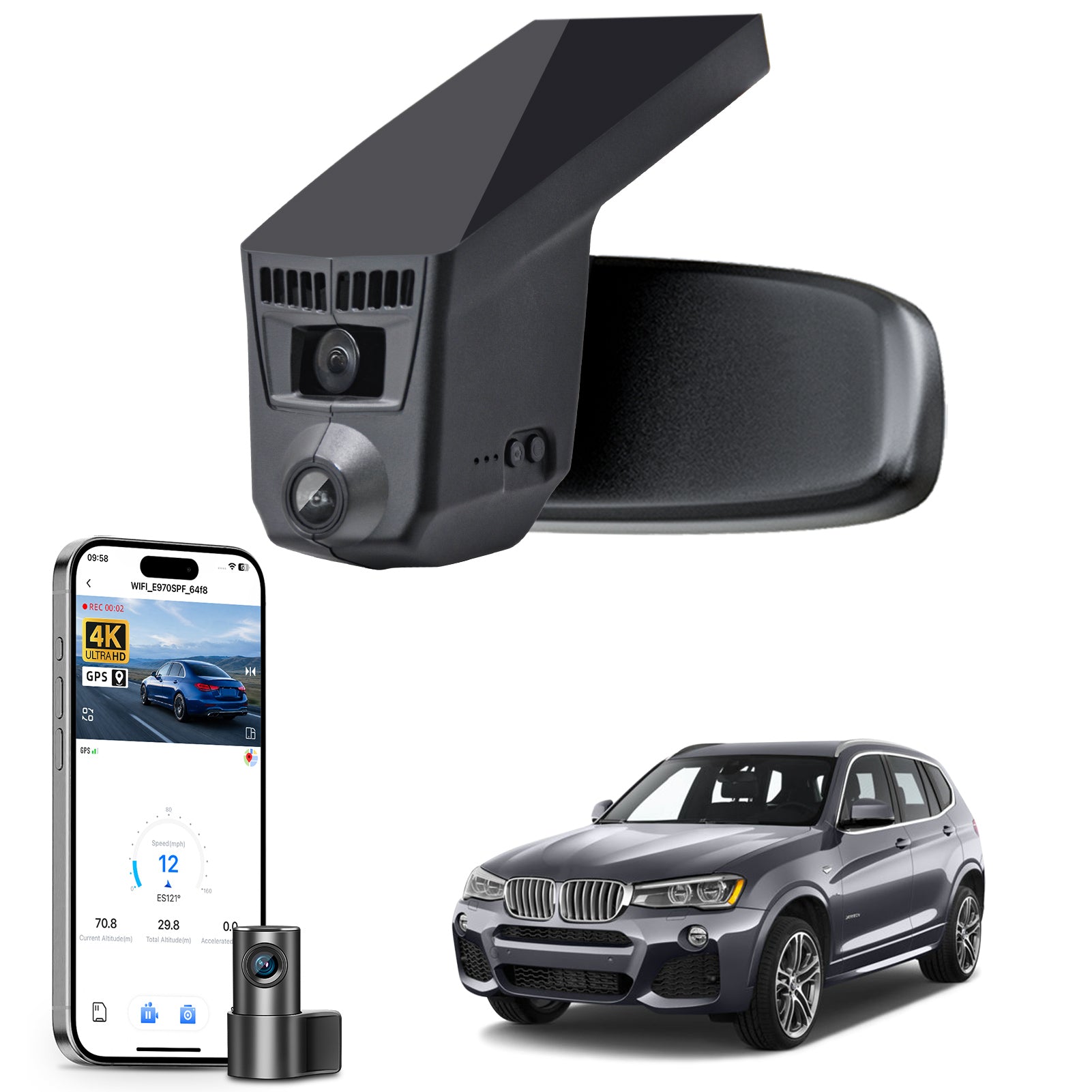 Mangoal 2 channel dash cam with STARVIS sensor, features smartphone app control, front 4K UHD and rear Full HD recording, GPS tracking, and BMW X3 Gen2 models in the background.