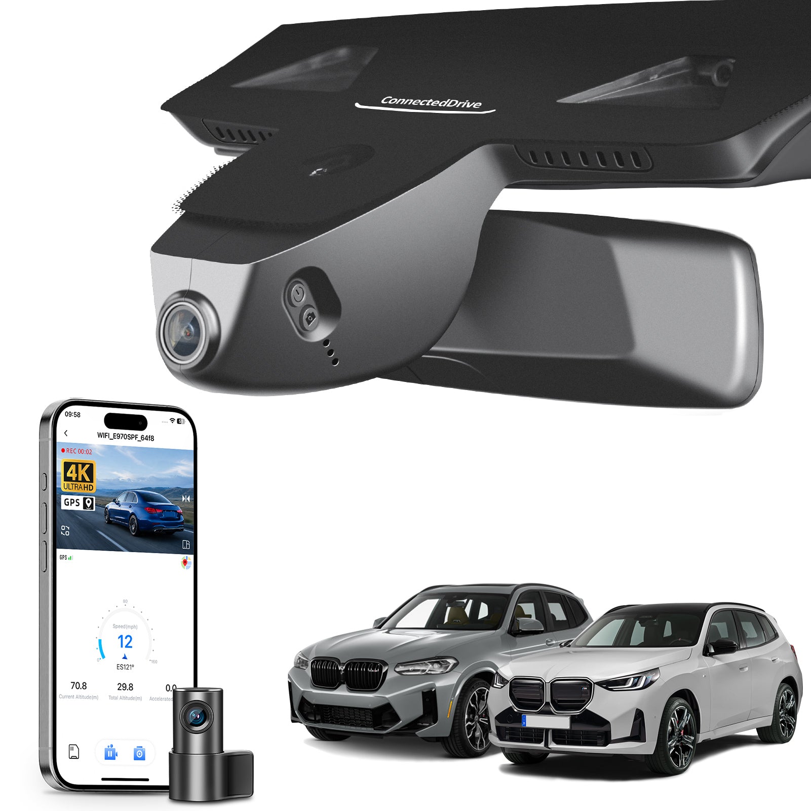 Mangoal 2 channel dash cam with STARVIS sensor, features smartphone app control, front 4K UHD and rear Full HD recording, GPS tracking, and BMW X3 Gen3 models in the background.