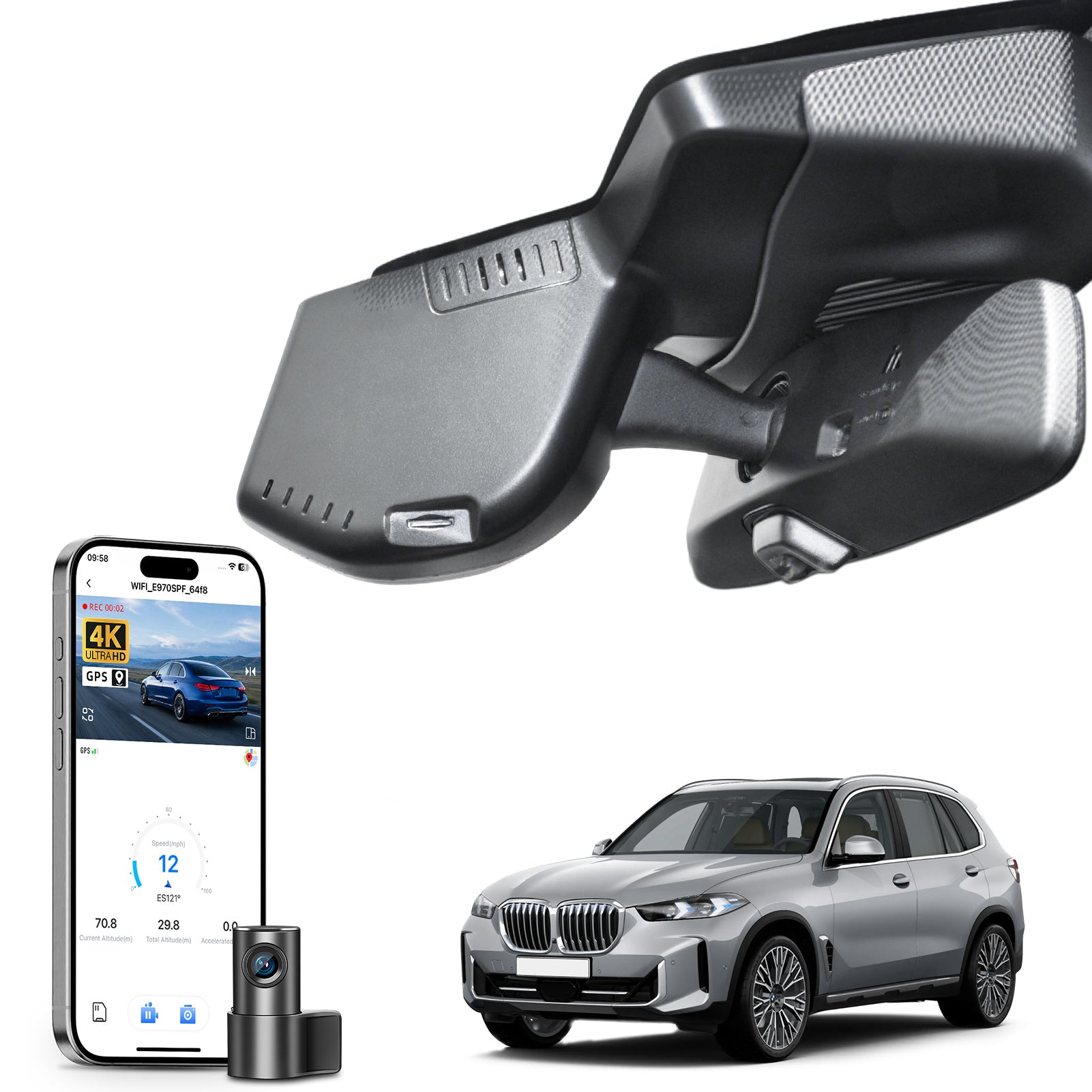 Mangoal 2 channel dash cam with STARVIS sensor, features smartphone app control, front 4K UHD and rear Full HD recording, GPS tracking, and BMW X5 Gen4 models in the background.