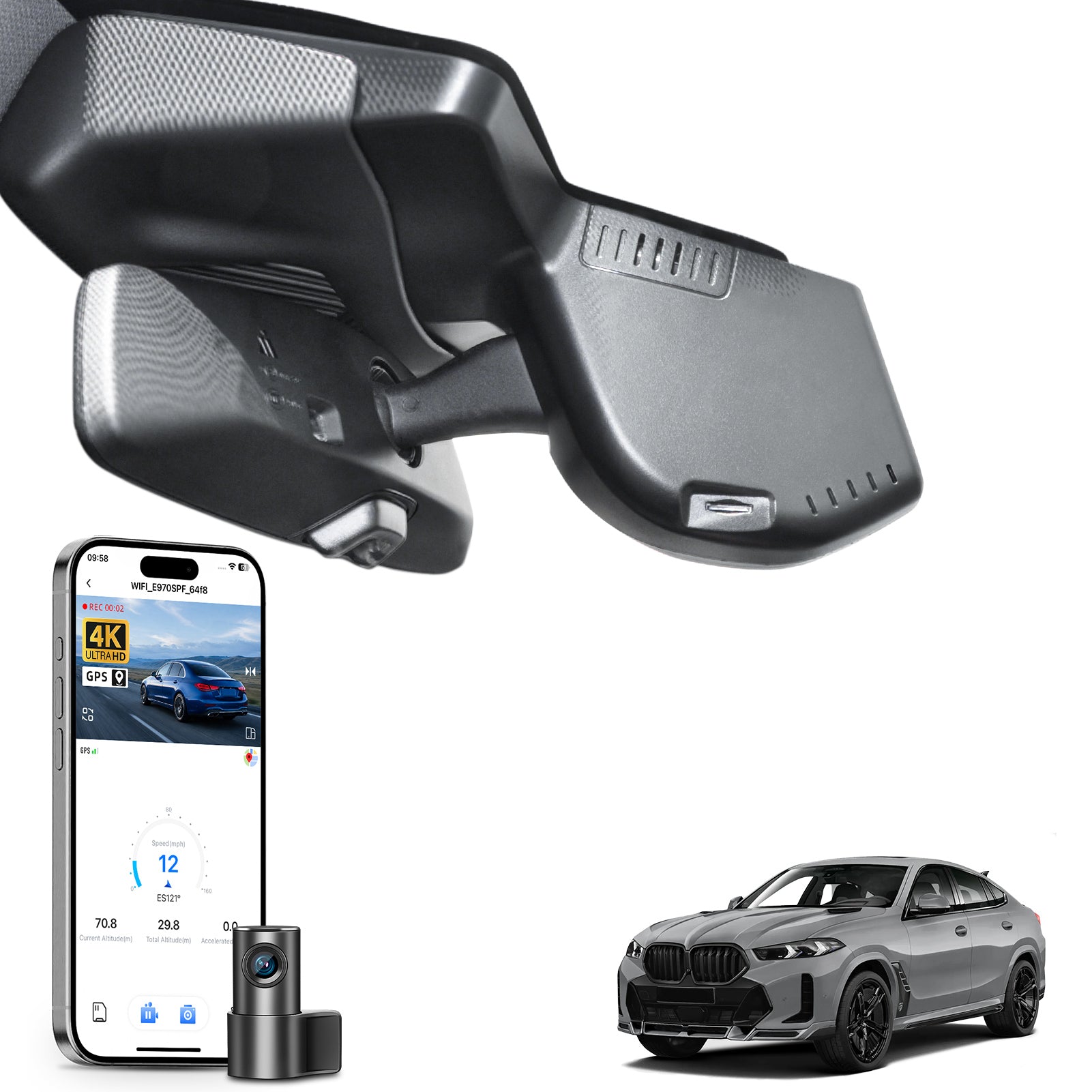 Mangoal 2 channel dash cam with STARVIS sensor, features smartphone app control, front 4K UHD and rear Full HD recording, GPS tracking, and BMW X6 Gen3 models in the background.