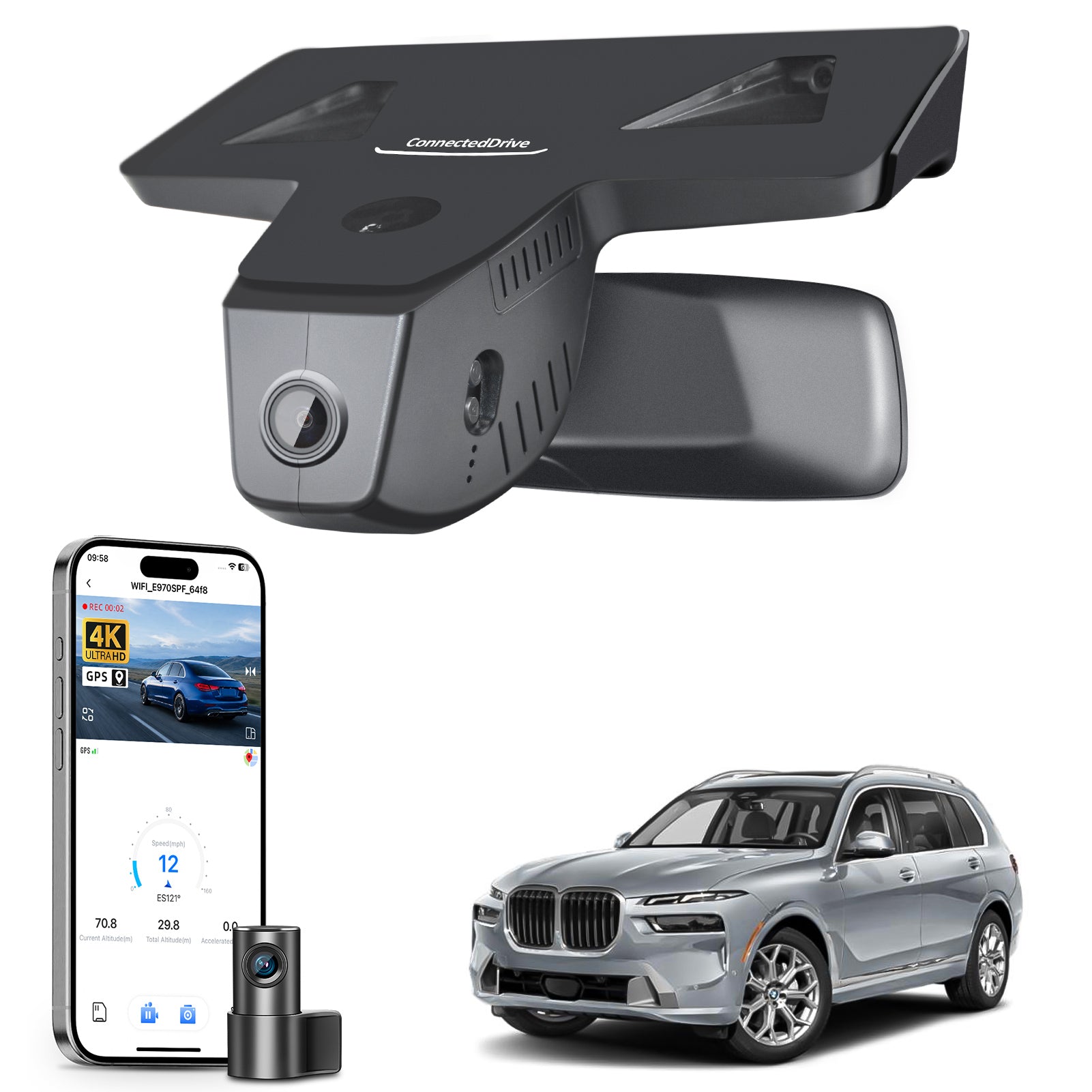 Mangoal 2 channel dash cam with STARVIS sensor, features smartphone app control, front 4K UHD and rear Full HD recording, GPS tracking, and BMW X7 Gen1 models in the background.