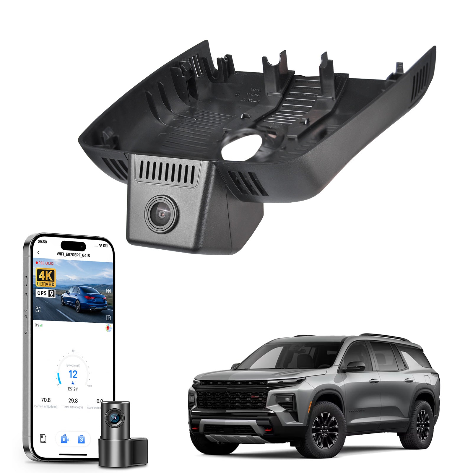 Mangoal 2 channel dash cam with STARVIS sensor, features smartphone app control, front 4K UHD and rear Full HD recording, GPS tracking, and Buick Enclave models in the background.
