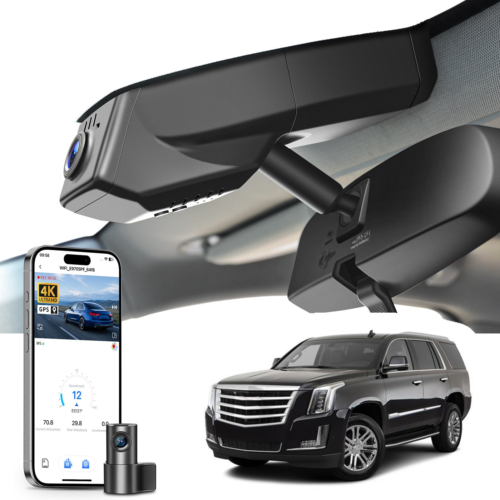 Mangoal 2 channel dash cam with STARVIS sensor, features smartphone app control, front 4K UHD and rear Full HD recording, GPS tracking, and Cadillac Escalade SUV models in the background.