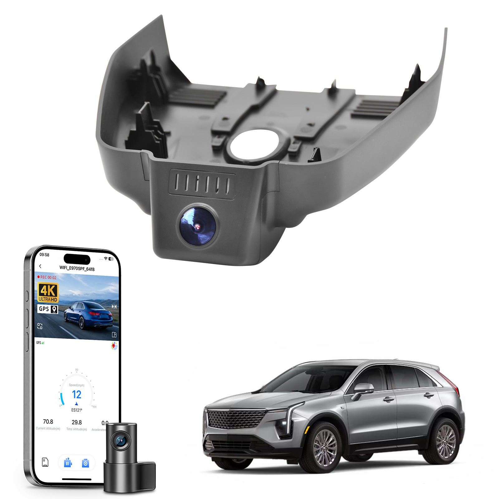 Mangoal 2 channel dash cam with STARVIS sensor, features smartphone app control, front 4K UHD and rear Full HD recording, GPS tracking, and Cadillac XT4 models in the background.