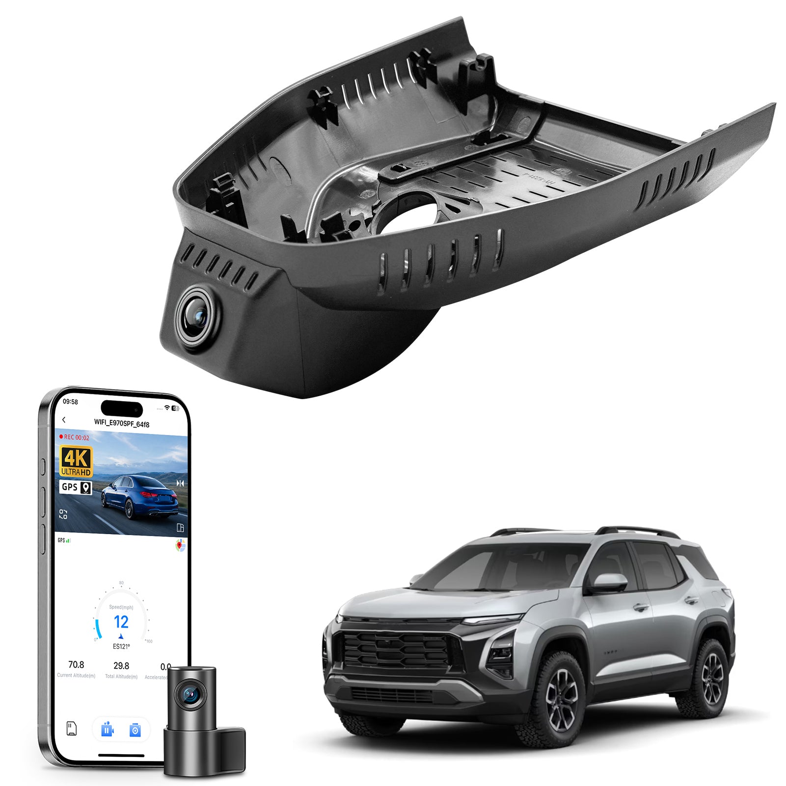 Mangoal 2 channel dash cam with STARVIS sensor, features smartphone app control, front 4K UHD and rear Full HD recording, GPS tracking, and Chevy Equinox models in the background.