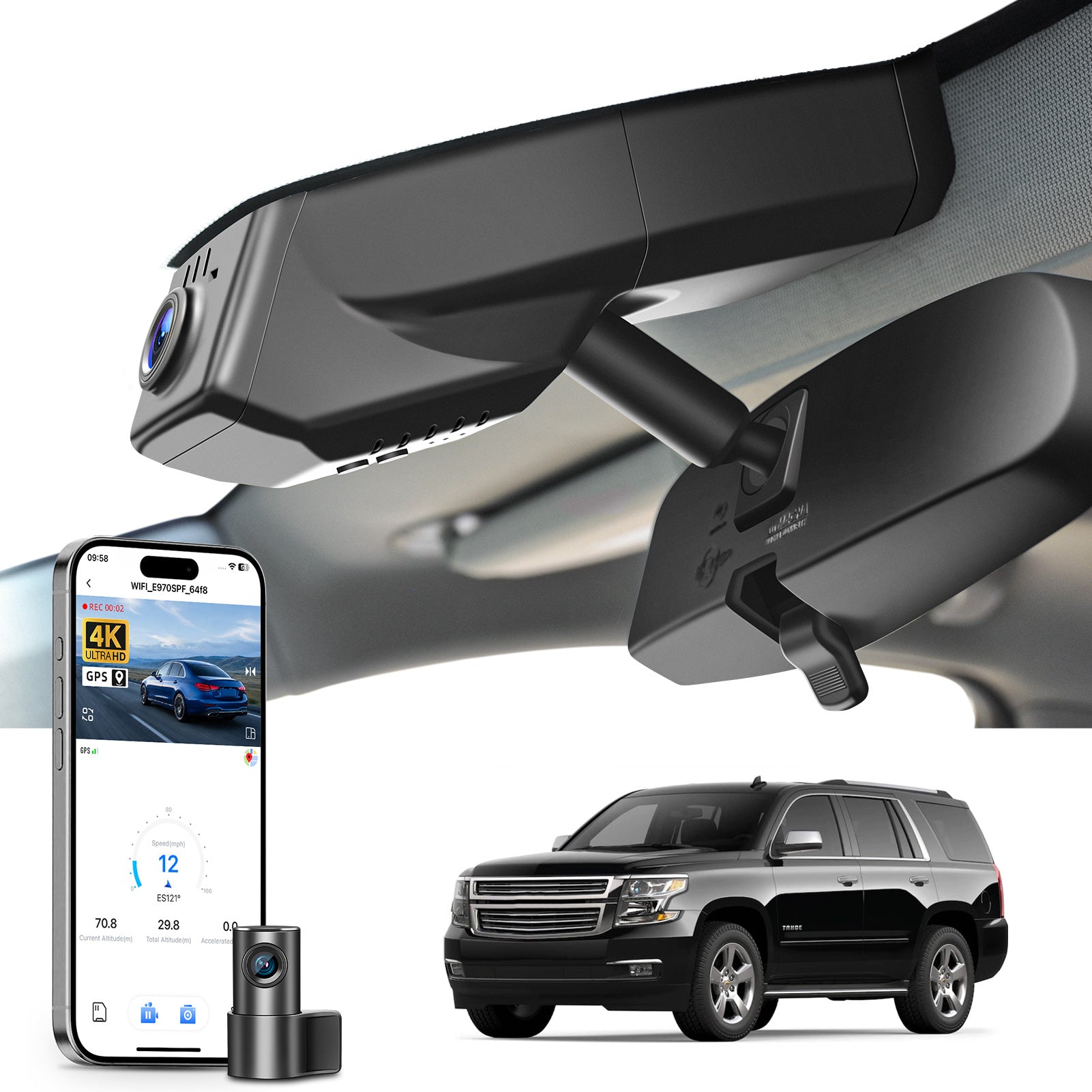 Mangoal 2 channel dash cam with STARVIS sensor, features smartphone app control, front 4K UHD and rear Full HD recording, GPS tracking, and Chevy Suburban Tahoe models in the background.