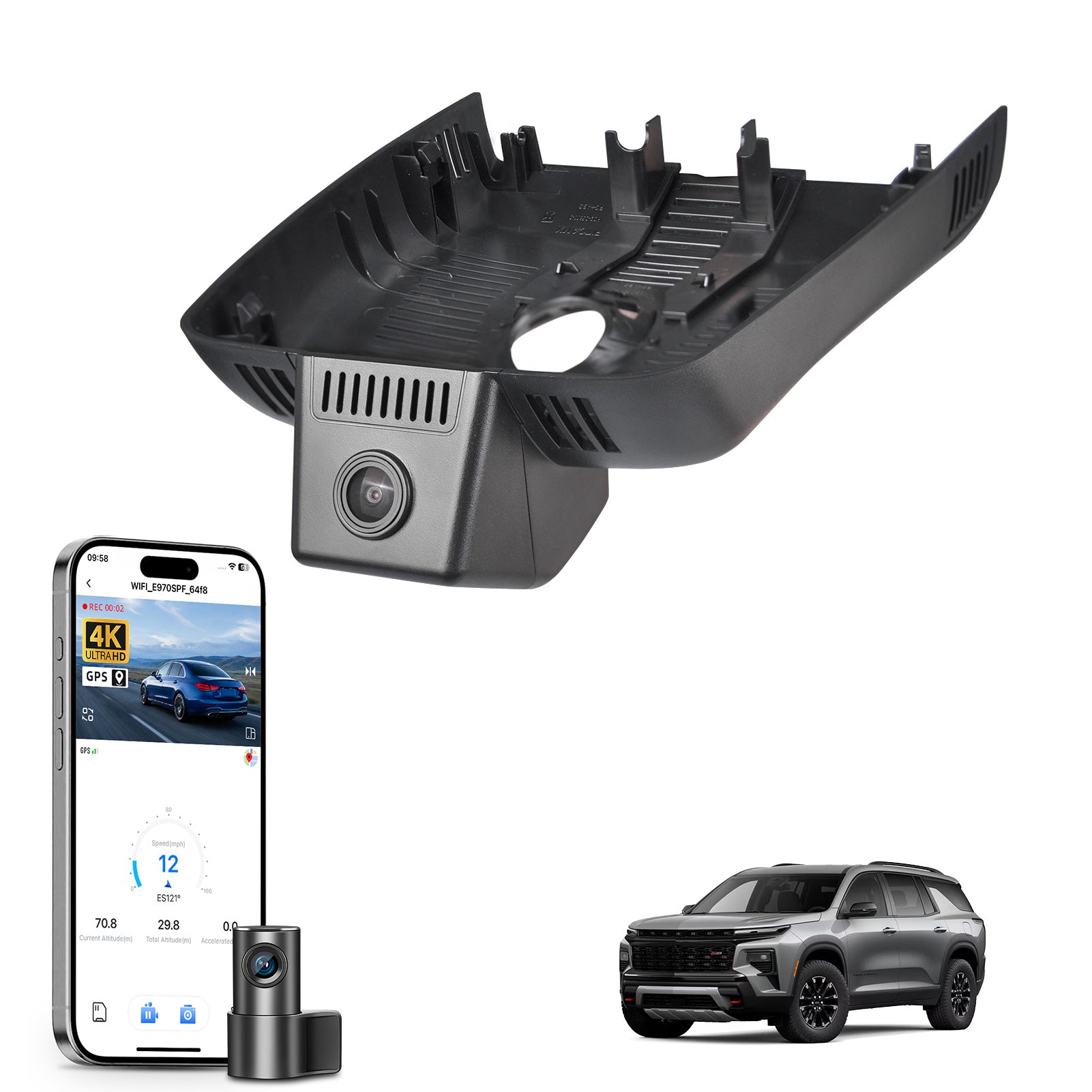 
Mangoal 2 channel dash cam with STARVIS sensor, features smartphone app control, front 4K UHD and rear Full HD recording, GPS tracking, and Chevy Traverse models in the background.